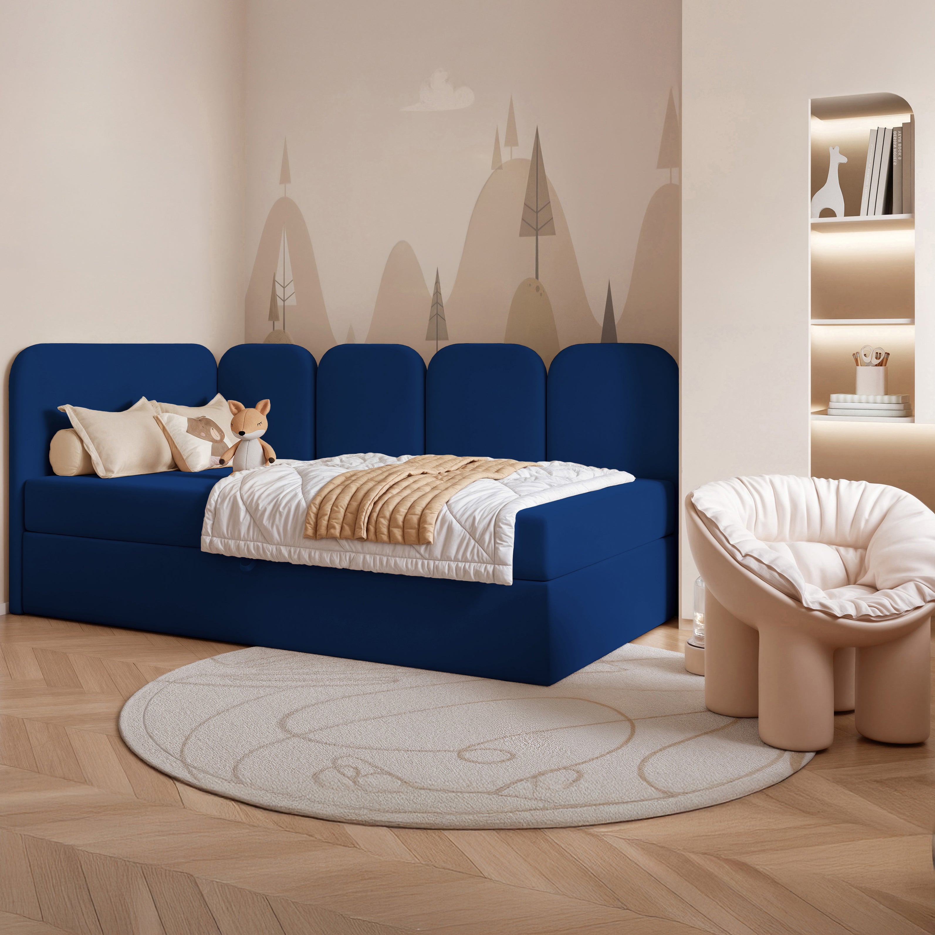 selsey-nubini-jugendbett-90x200-cm-links-mit-stauraum-blau-velours-wasserabweise image 2