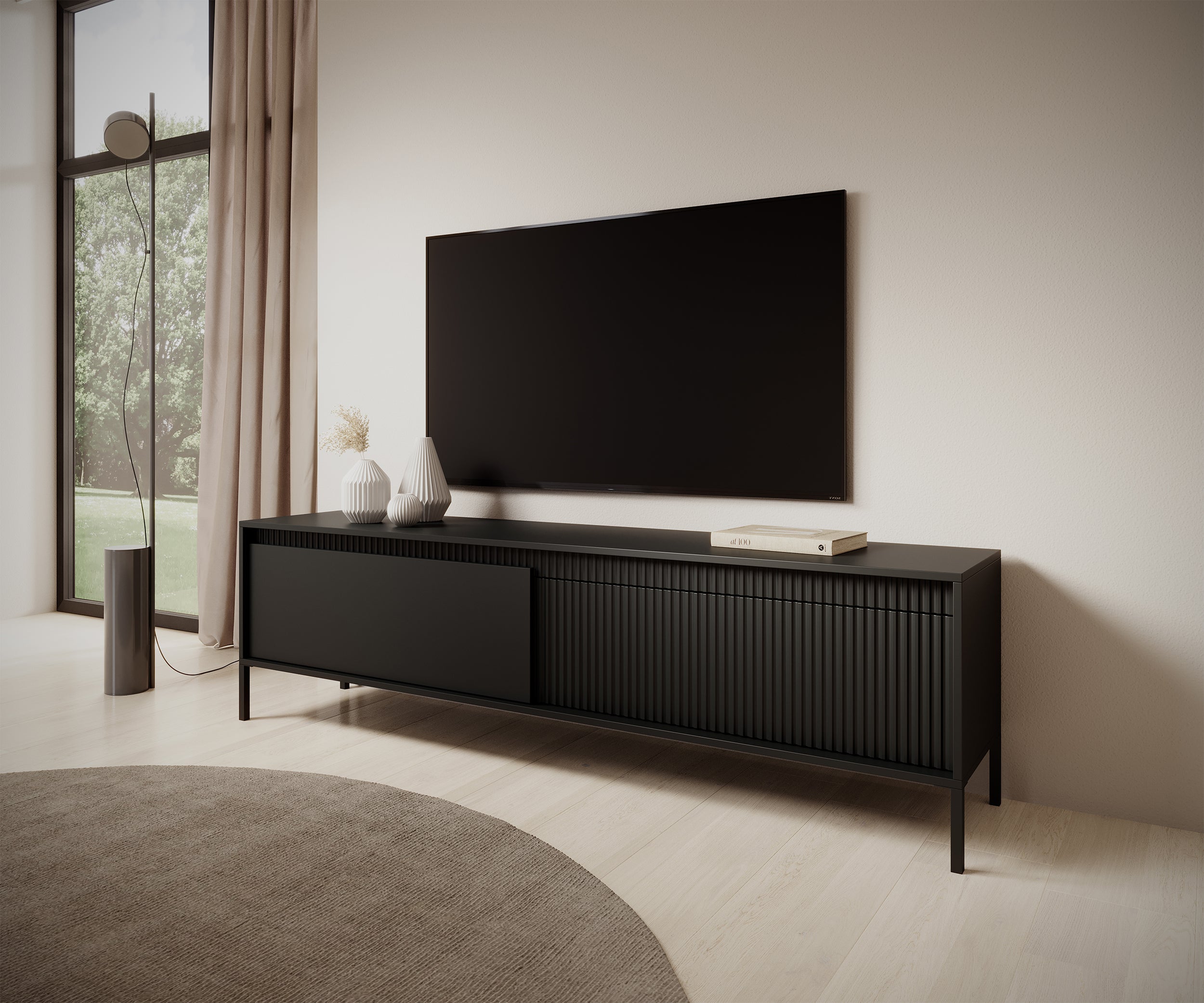 selsey-falsetto-tv-schrank-187-cm-schwarz-mit-zwei-t-ren-und-geriffelter-front image 2