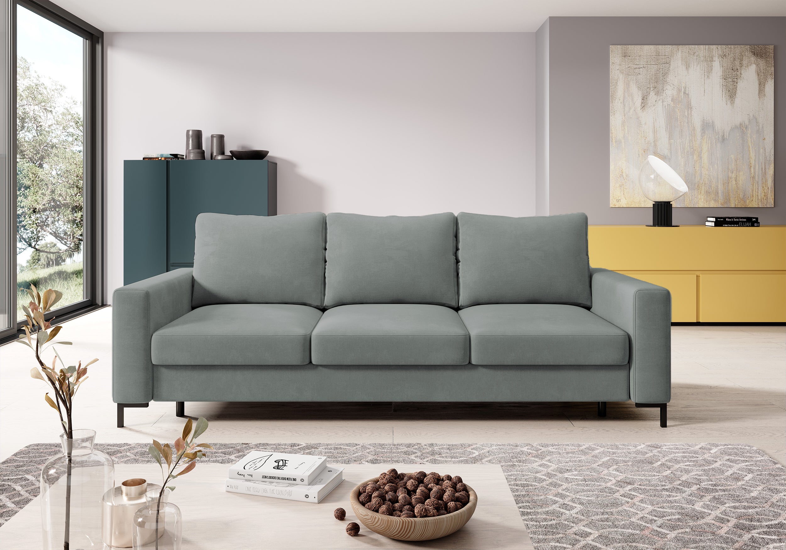 selsey-mokpeo-dreisitziges-schlafsofa-mit-stauraum-grauer-samtbezug image 2