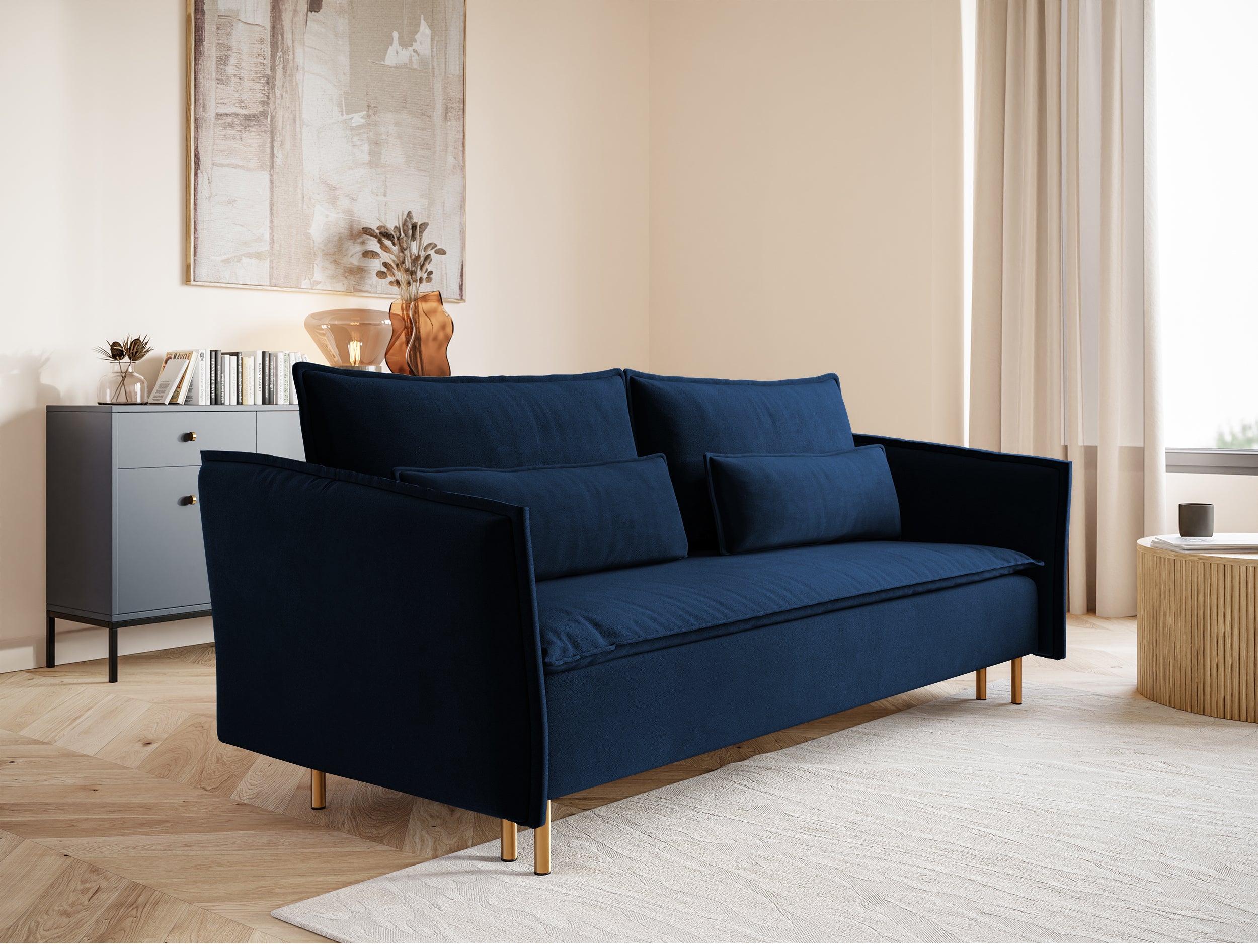 selsey-ummo-dreisitziges-schlafsofa-marineblau-mit-stauraum-velours-goldene-bein image 3