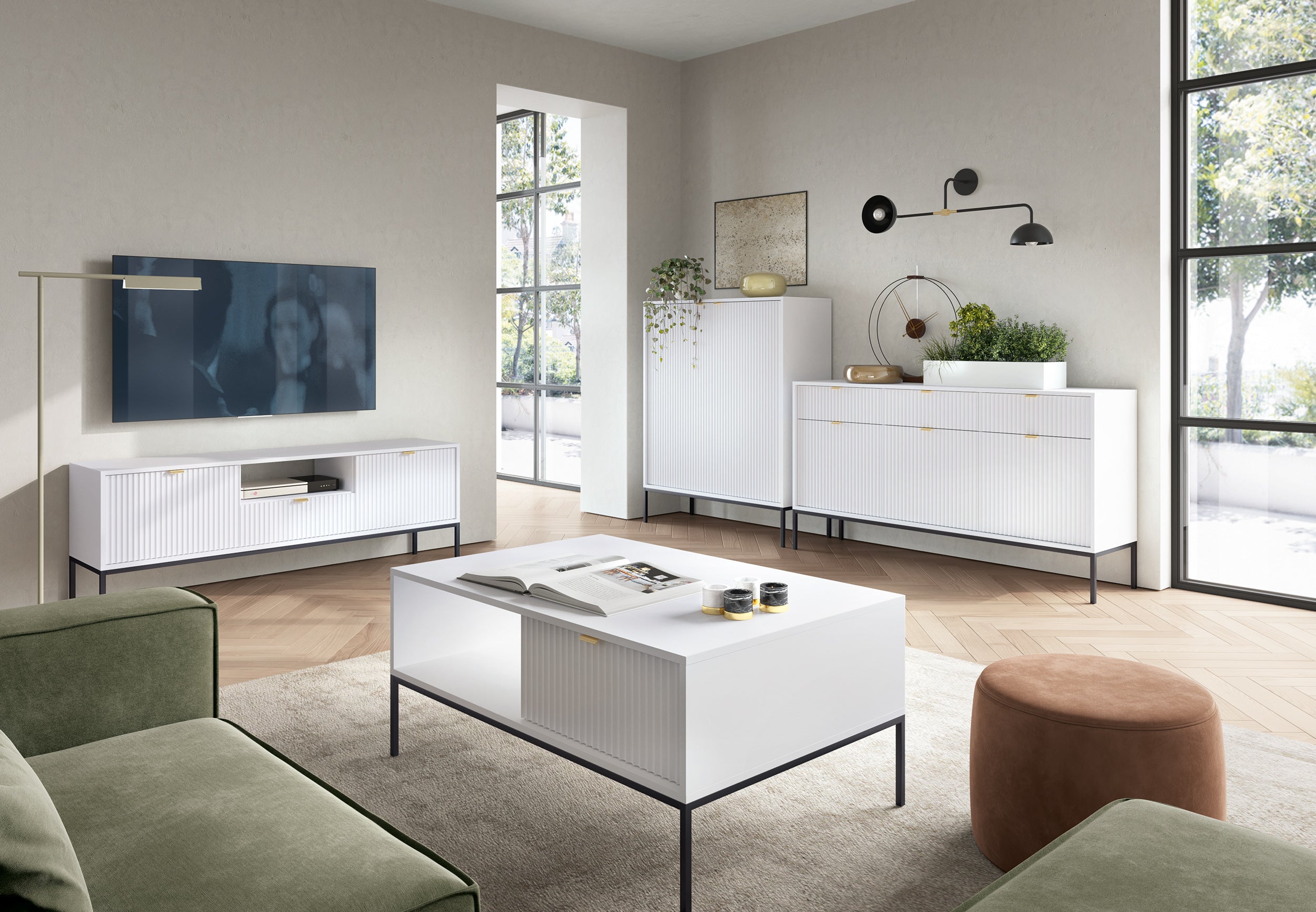 selsey-vellore-couchtisch-104x68-cm-wei-mit-geriffelter-front-und-goldenem-griff image 2
