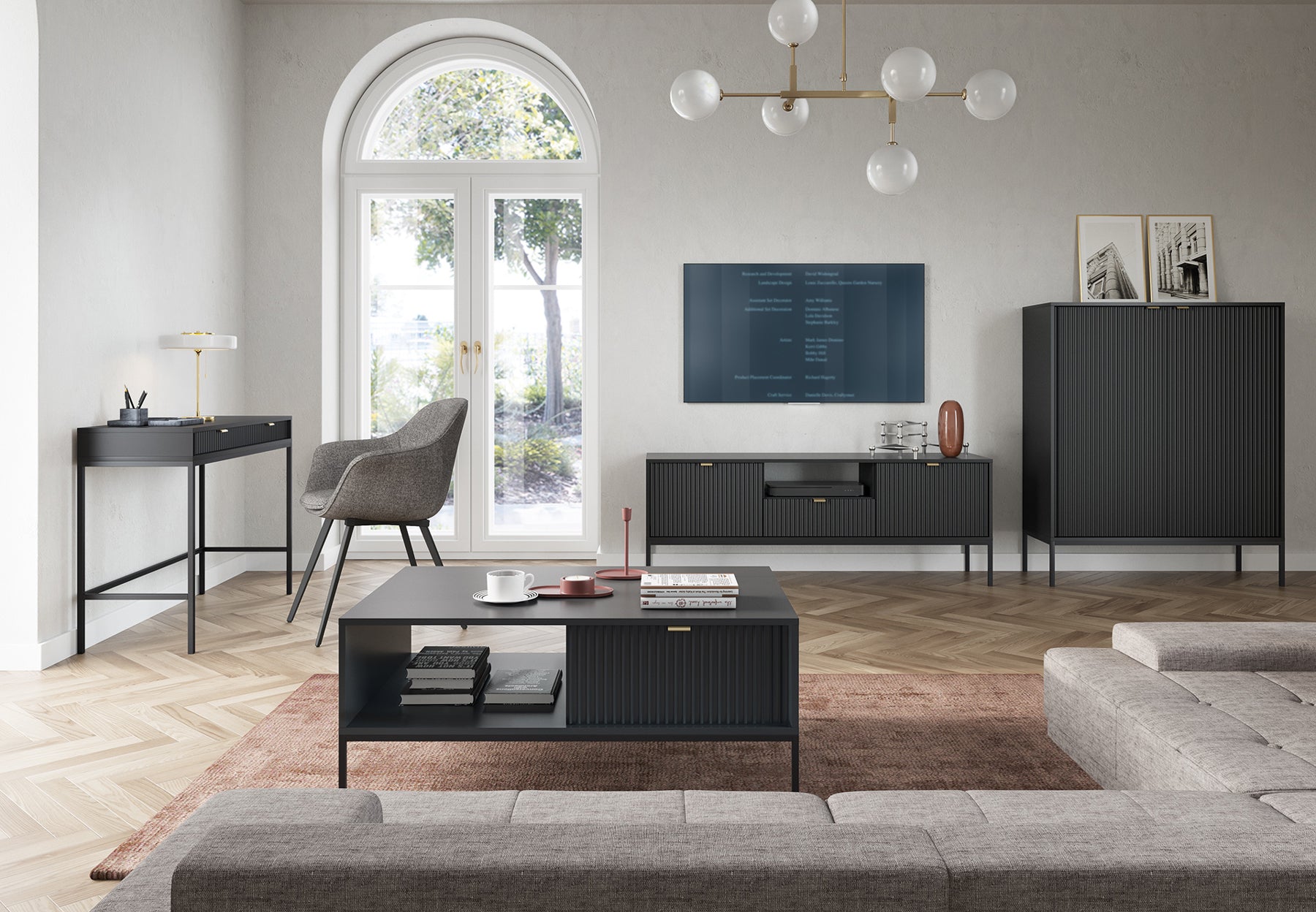 selsey-vellore-tv-schrank-154-cm-schwarz-mit-gerillten-fronten-und-goldenen-grif image 3