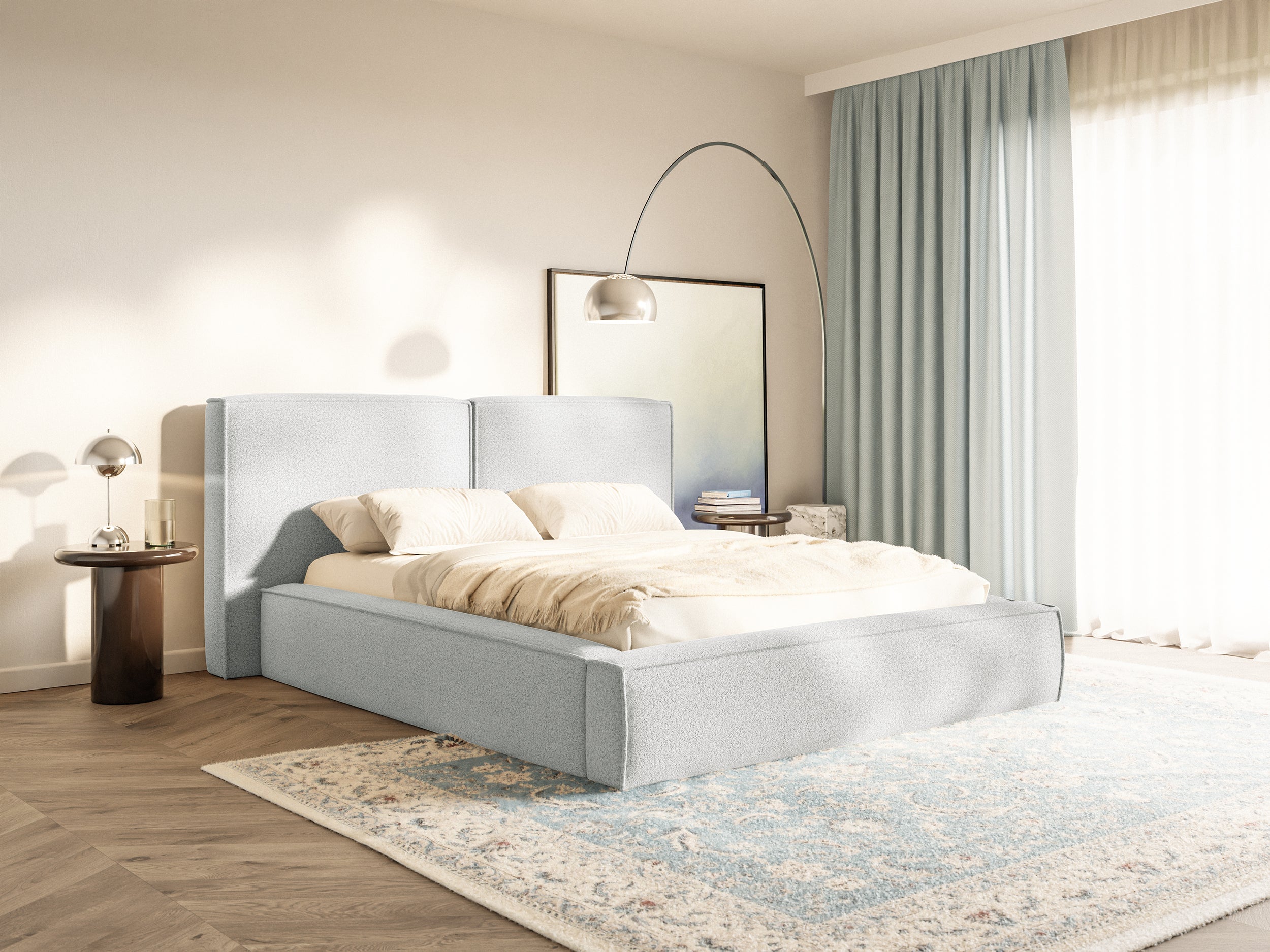 selsey-tilves-gepolstertes-bett-200x200-cm-mit-stauraum-hellgrauer-boucl-metallr image 2
