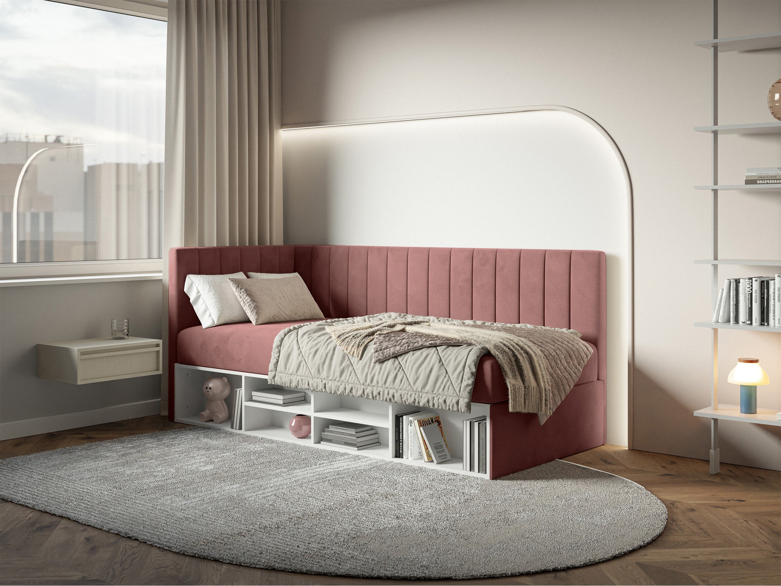 selsey-ventrio-jugendbett-90x200-cm-links-mit-stauraum-und-regalen-rosa-velours- image 2