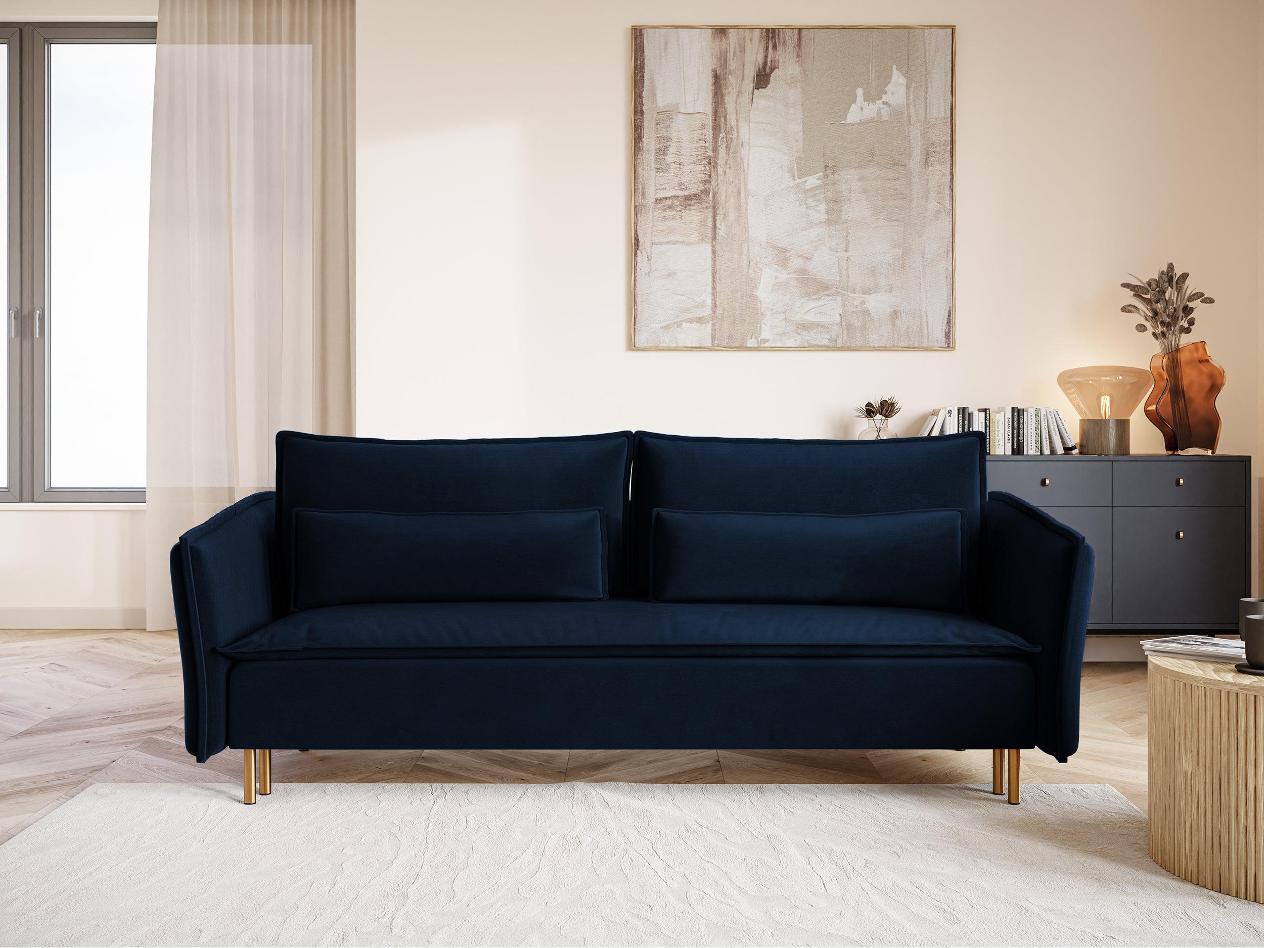 selsey-ummo-dreisitziges-schlafsofa-marineblau-mit-stauraum-velours-goldene-bein image 2