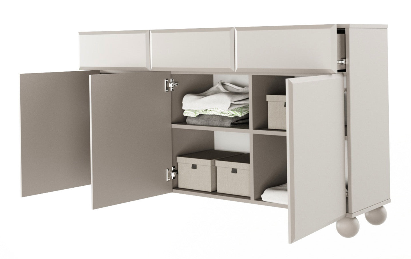 selsey-chocolated-kommode-150-cm-dreit-rig-mit-3-schubladen-sandbeige-kugelf-e image 1