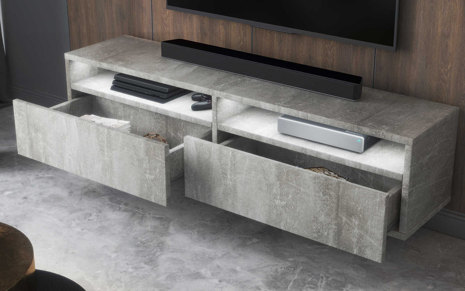 selsey-rednaw-tv-schrank-140-cm-beton-mit-beleuchtung-und-zwei-schubladen image 4
