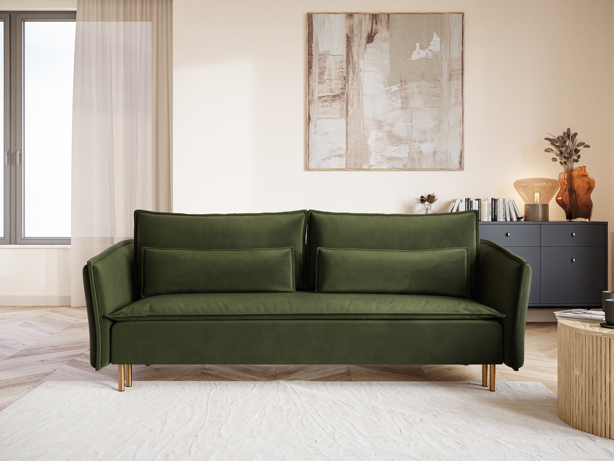 selsey-ummo-3-sitzer-sofa-ausklappbar-olivgr-n-hydrophober-samt-mit-stauraum-gol image 2
