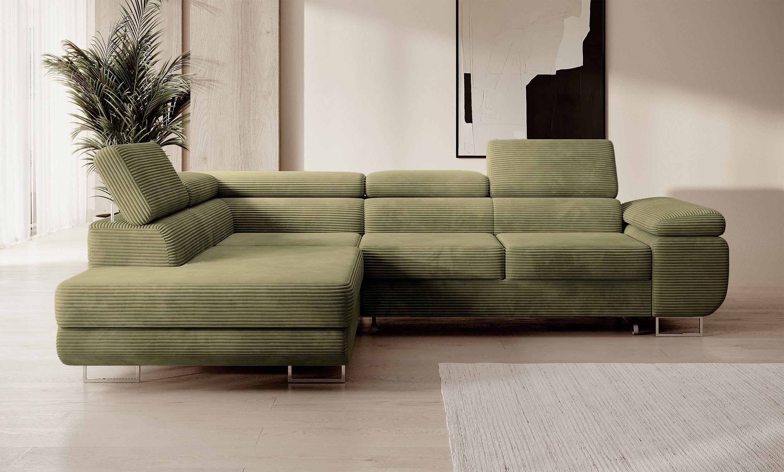 selsey-stevil-ecksofa-l-links-mit-schlaffunktion-und-stauraum-olivgr-ner-cord image 4