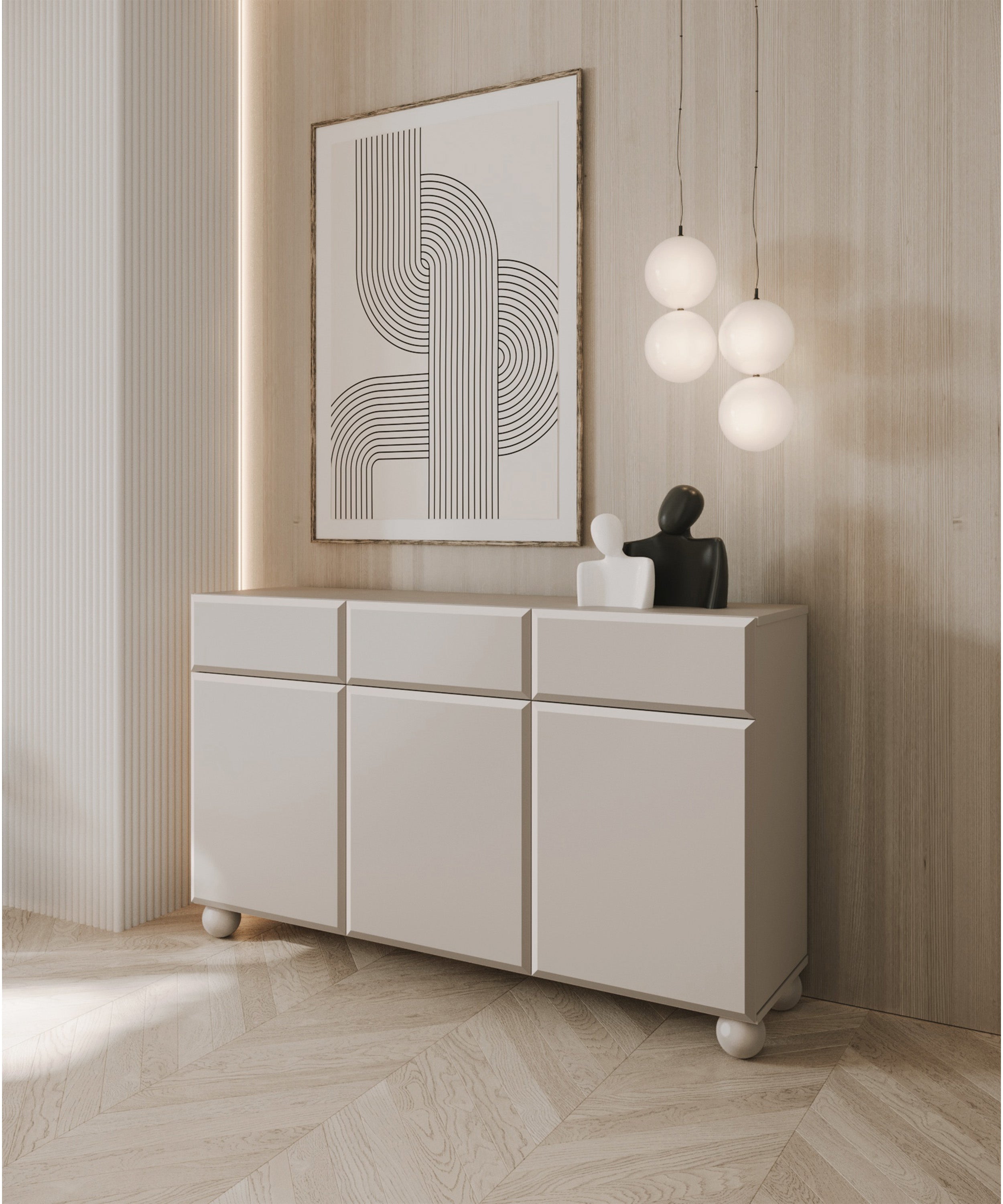 selsey-chocolated-kommode-150-cm-dreit-rig-mit-3-schubladen-sandbeige-kugelf-e image 2