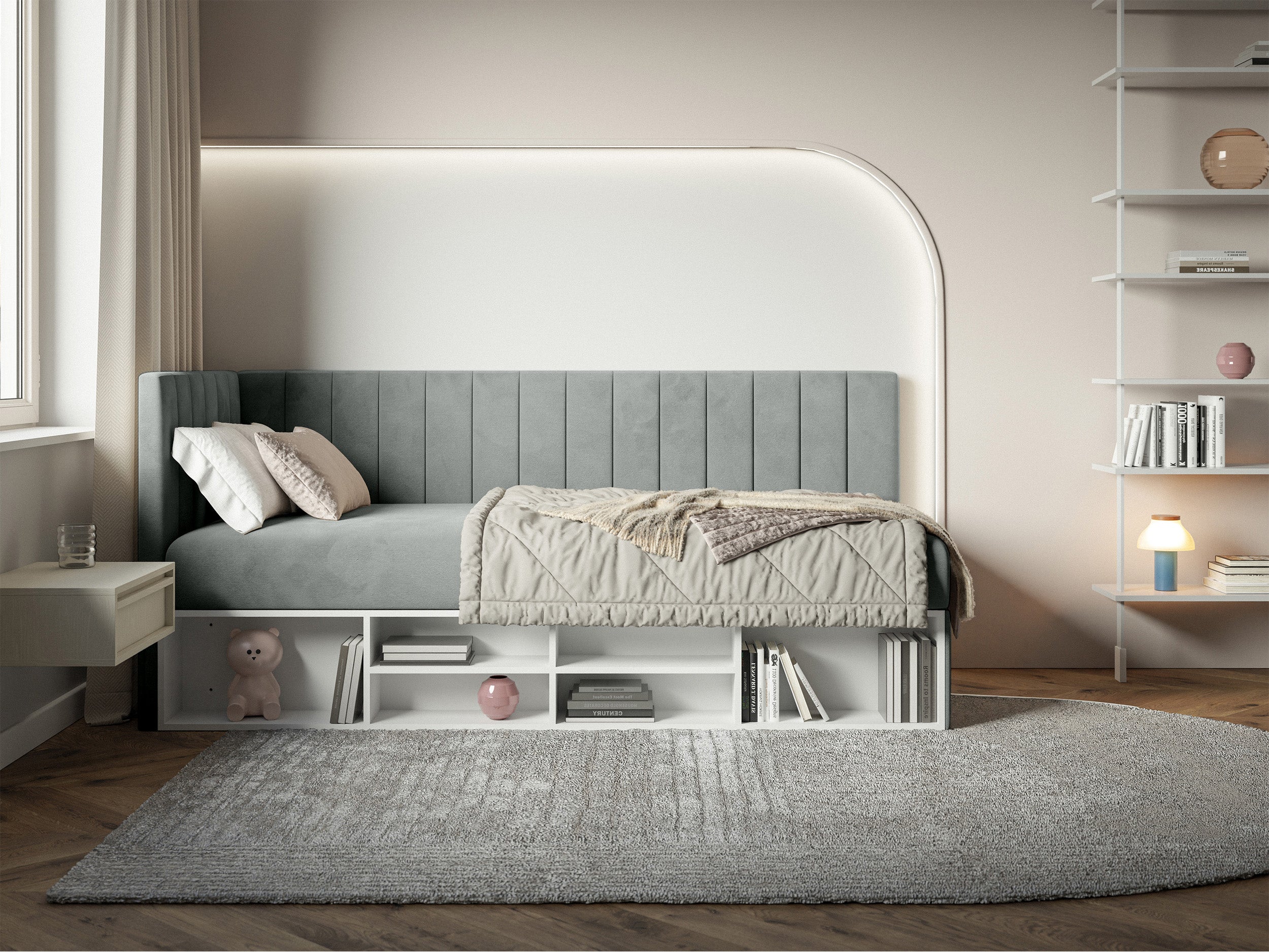 selsey-ventrio-jugendbett-90x200-cm-links-mit-stauraum-und-regal-grauer-velours image 3