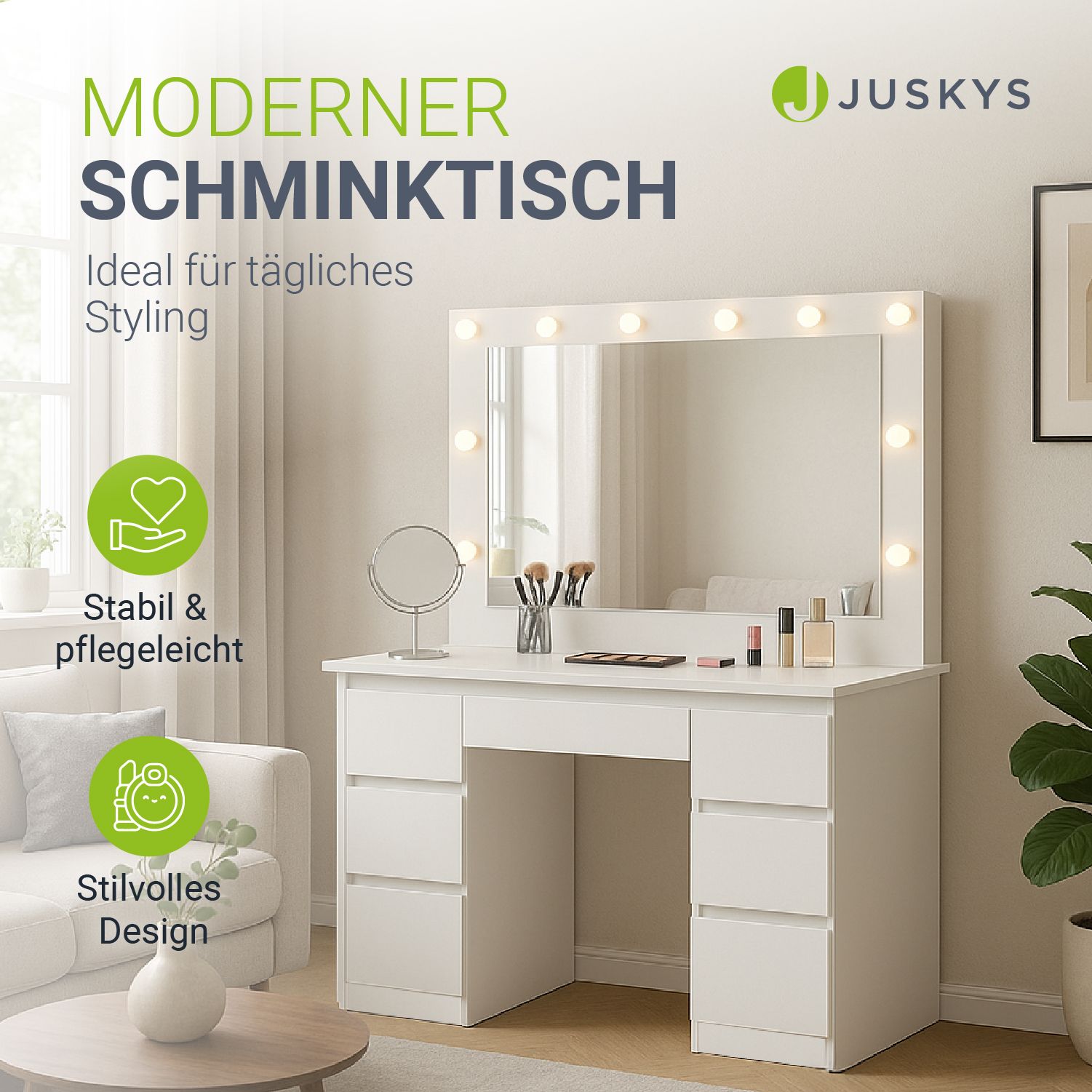 juskys-schminktisch-lilia-wei-mit-spiegel-led-und-7-schubladen image 2