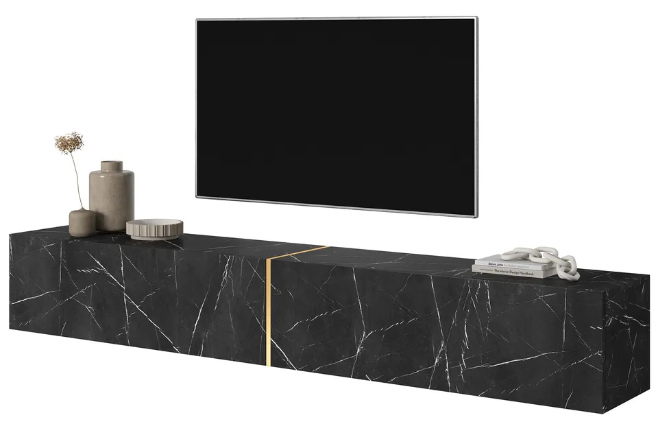 selsey-bisira-tv-schrank-200-cm-lowboard-schwarzer-marmor-mit-goldenem-einsatz image 1