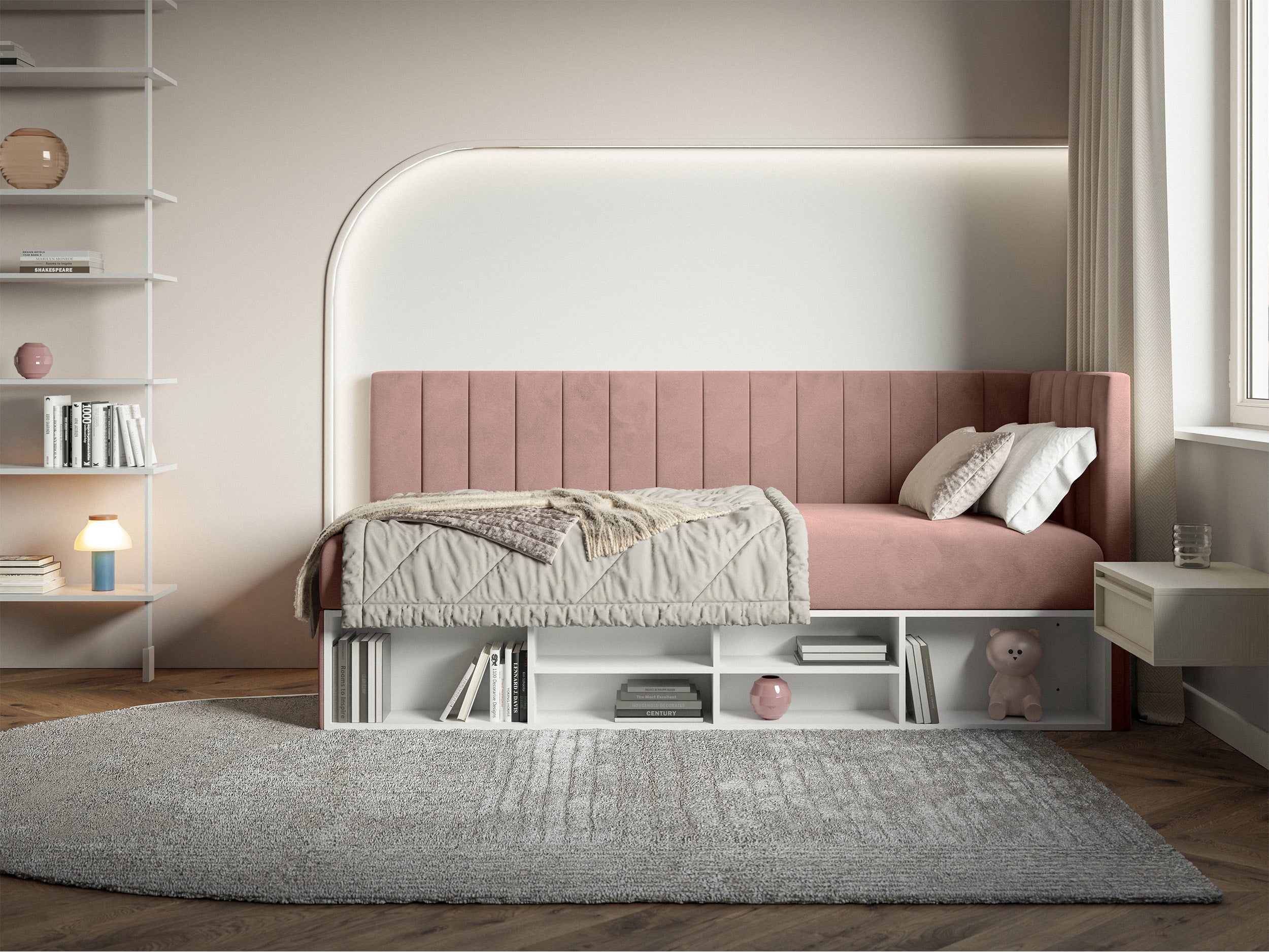 selsey-ventrio-jugendbett-90x200-cm-rechtsseitig-hellrosa-velours-stauraum-und-r image 2