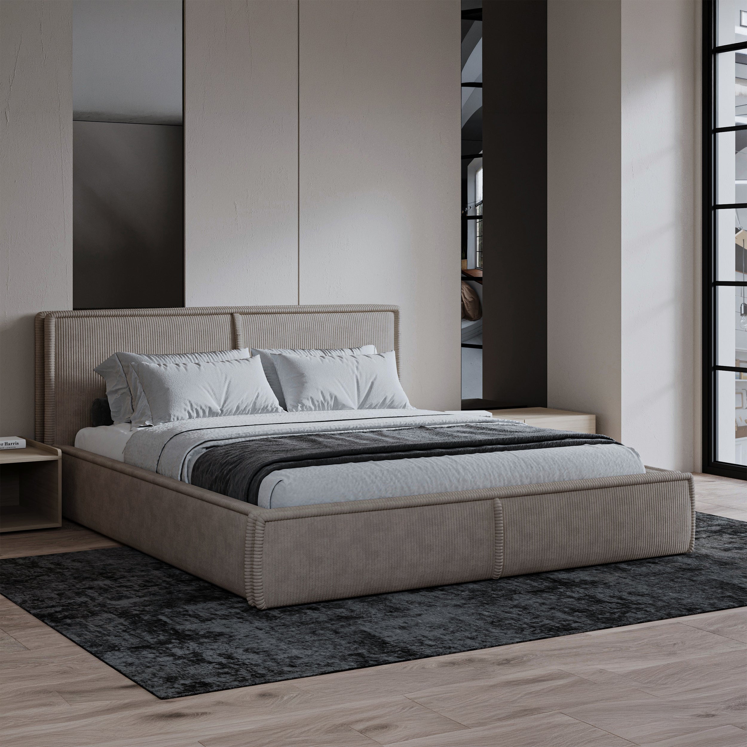 selsey-cordo-gepolstertes-bett-160x200-cm-mit-stauraum-beige-cordstoff-holzlatte image 2
