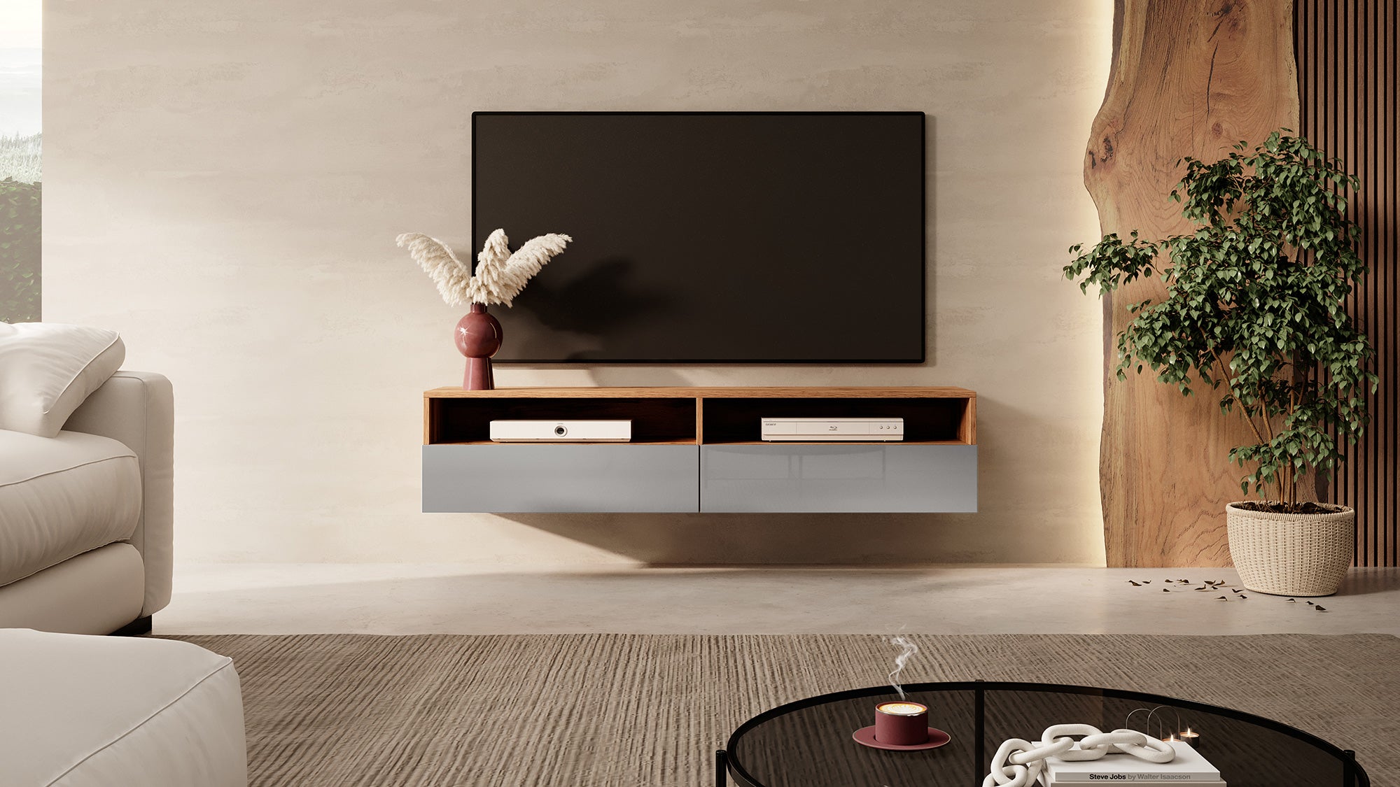 selsey-rednaw-tv-schrank-140-cm-mit-zwei-schubladen-wotan-eiche-grauer-hochglanz image 4