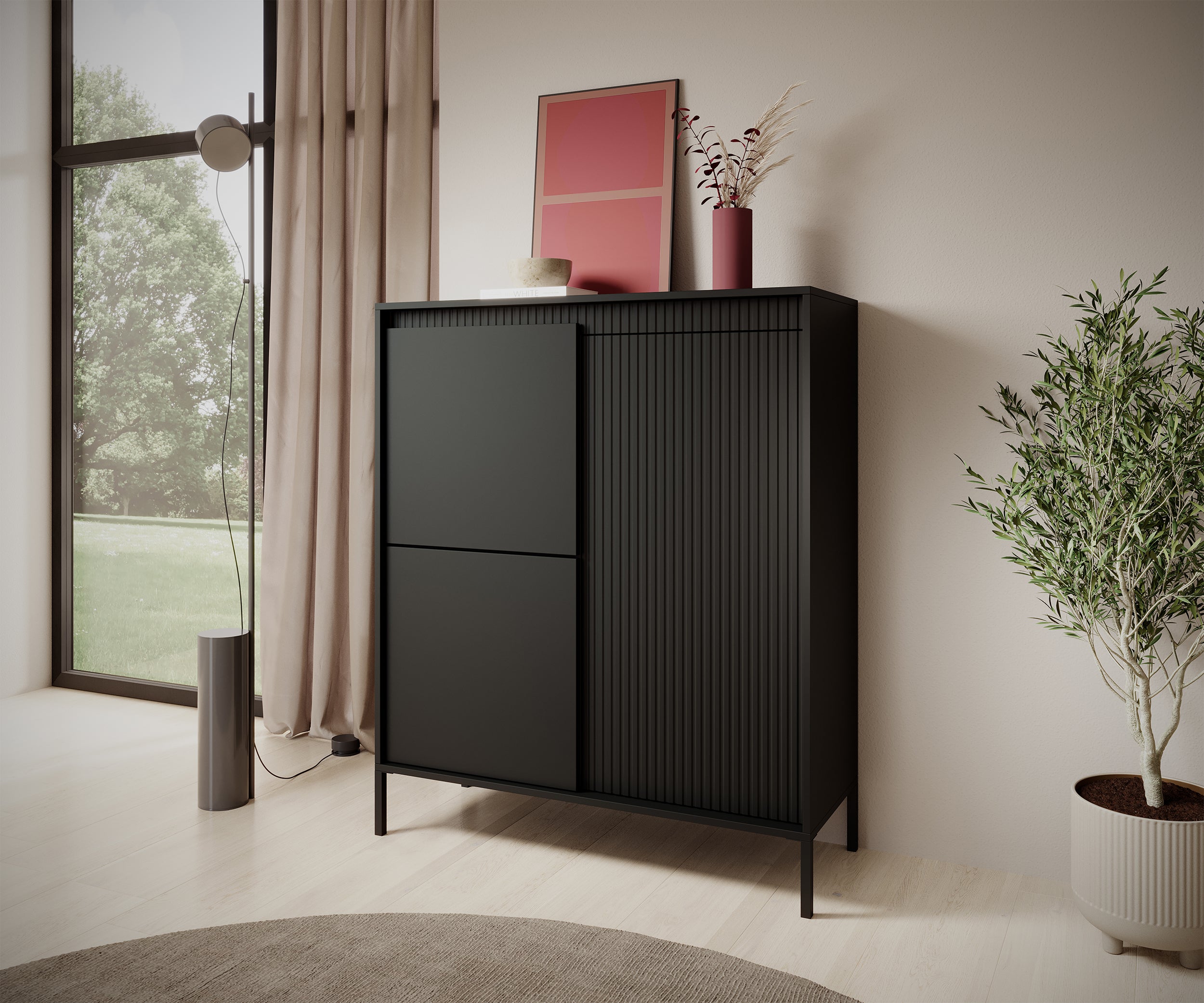 selsey-falsetto-hohe-kommode-104-cm-schwarz-3-t-ren-mit-rillenfront image 2