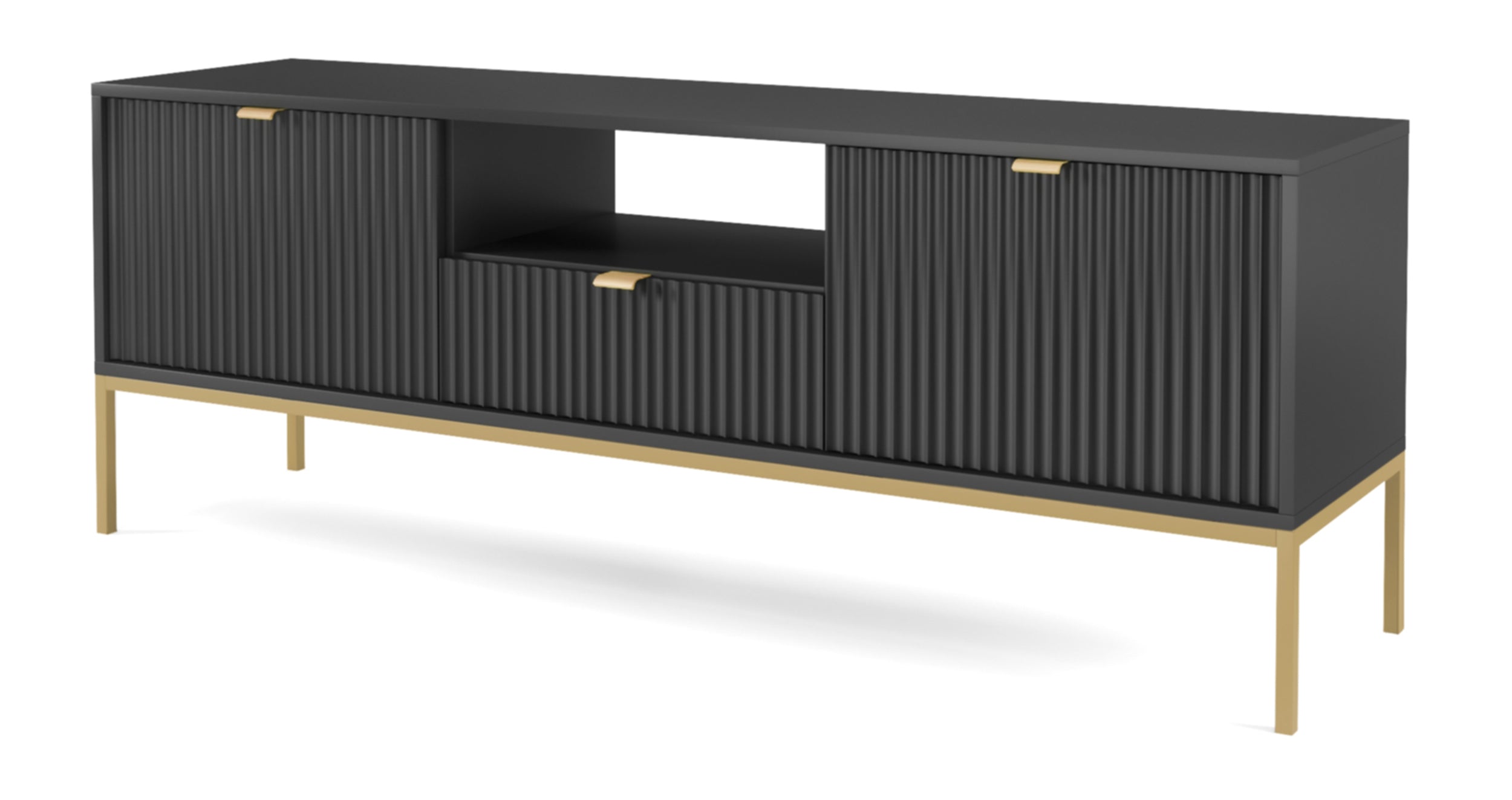 selsey-vellore-tv-schrank-154-cm-schwarz-mit-gerillten-fronten-und-goldenem-gest image 1