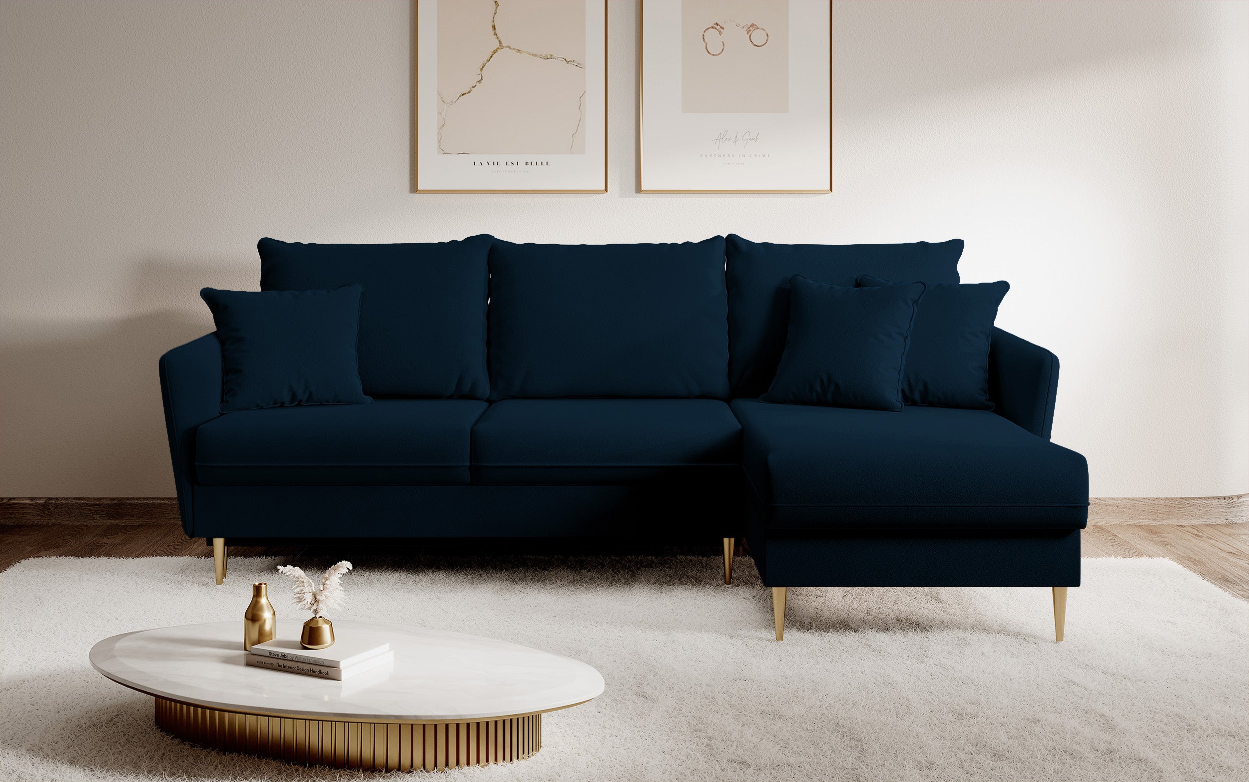 selsey-volio-ecksofa-mit-schlaffunktion-samtig-blau-wasserabweisend-mit-goldenen image 2