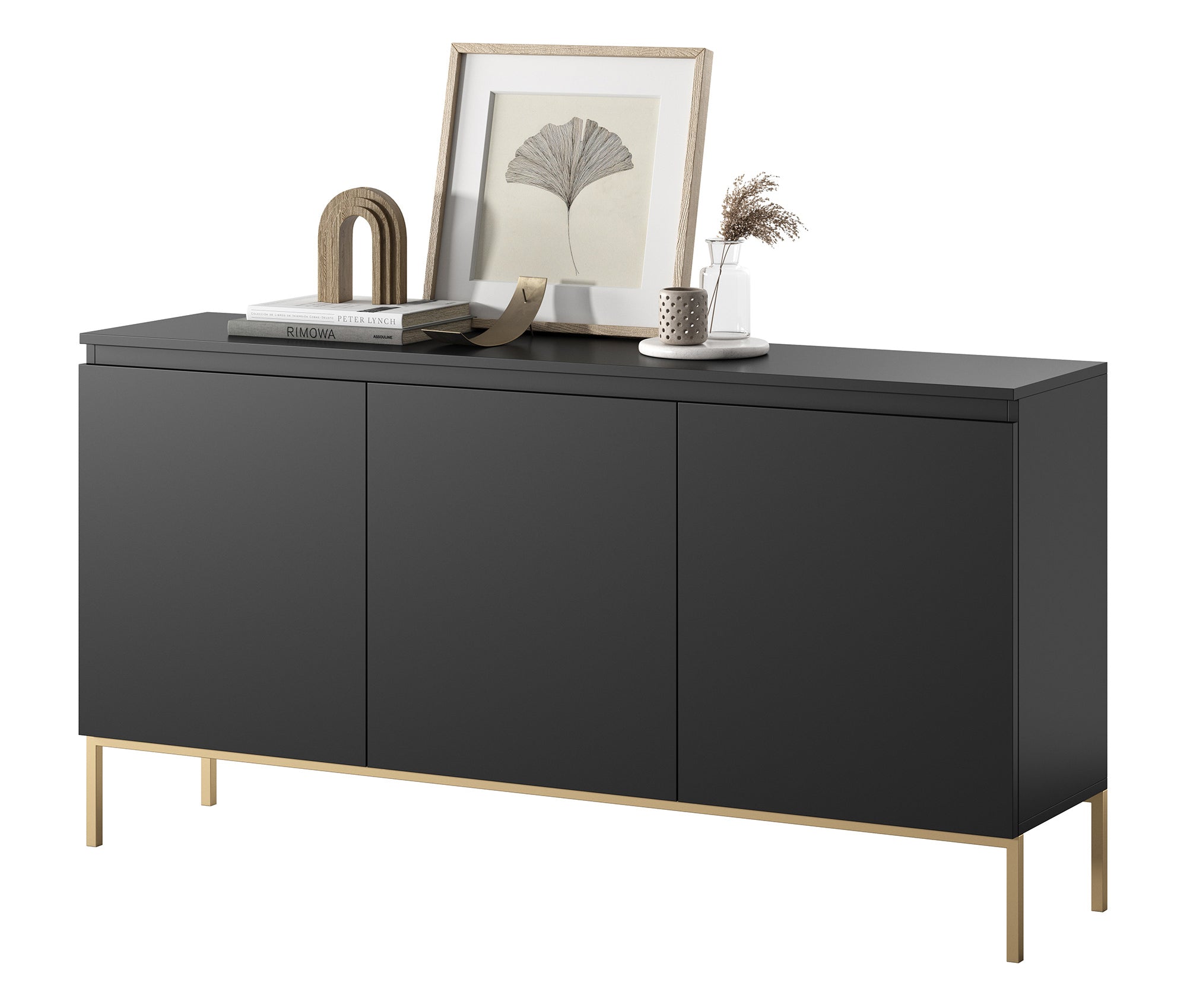 selsey-bemmi-kommode-150-cm-schwarz-mit-3-dreht-ren-und-goldenen-beinen image 4