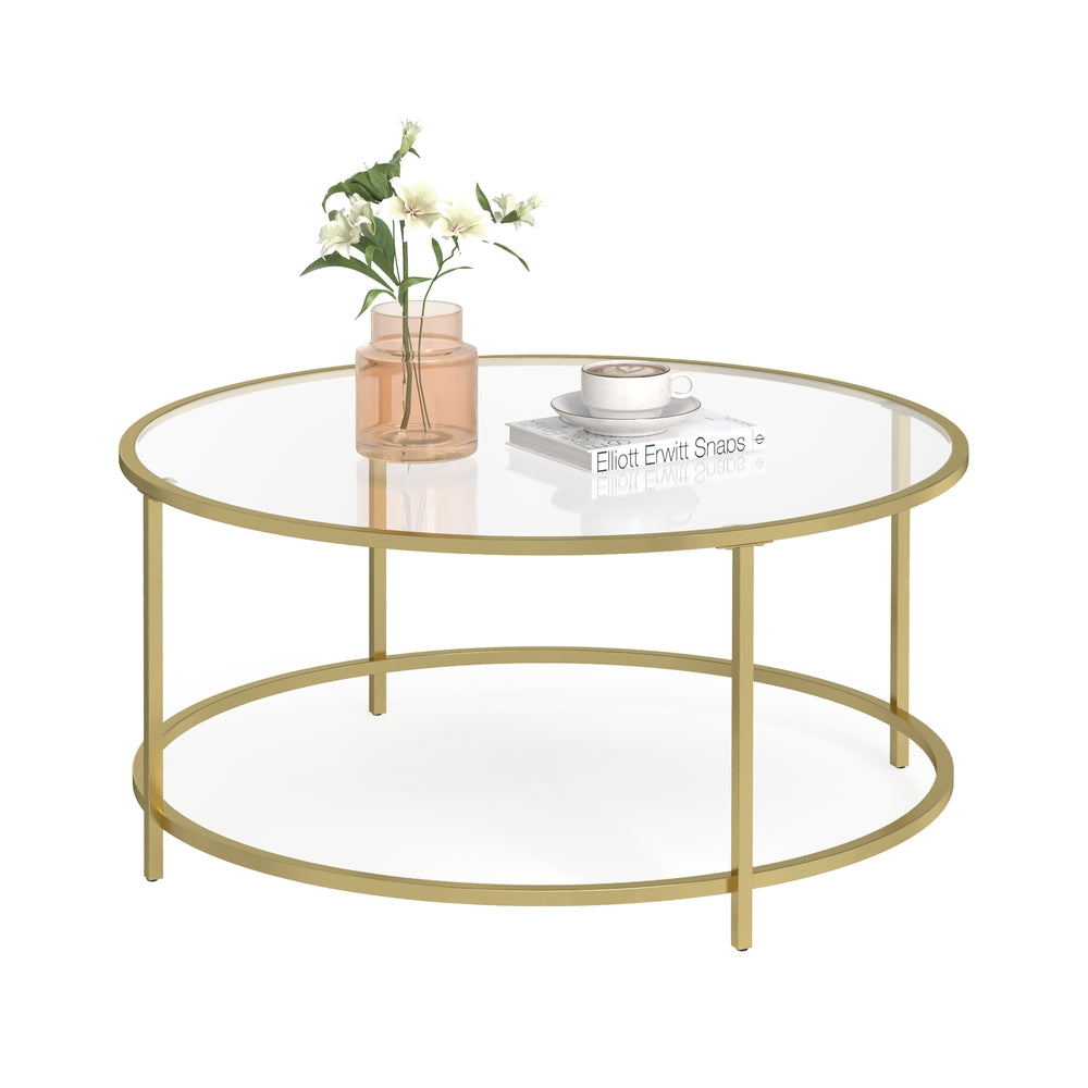 vasagle-runder-couchtisch-mit-glasoberfl-che-couchtisch-mit-goldenem-eisenrahmen image 2