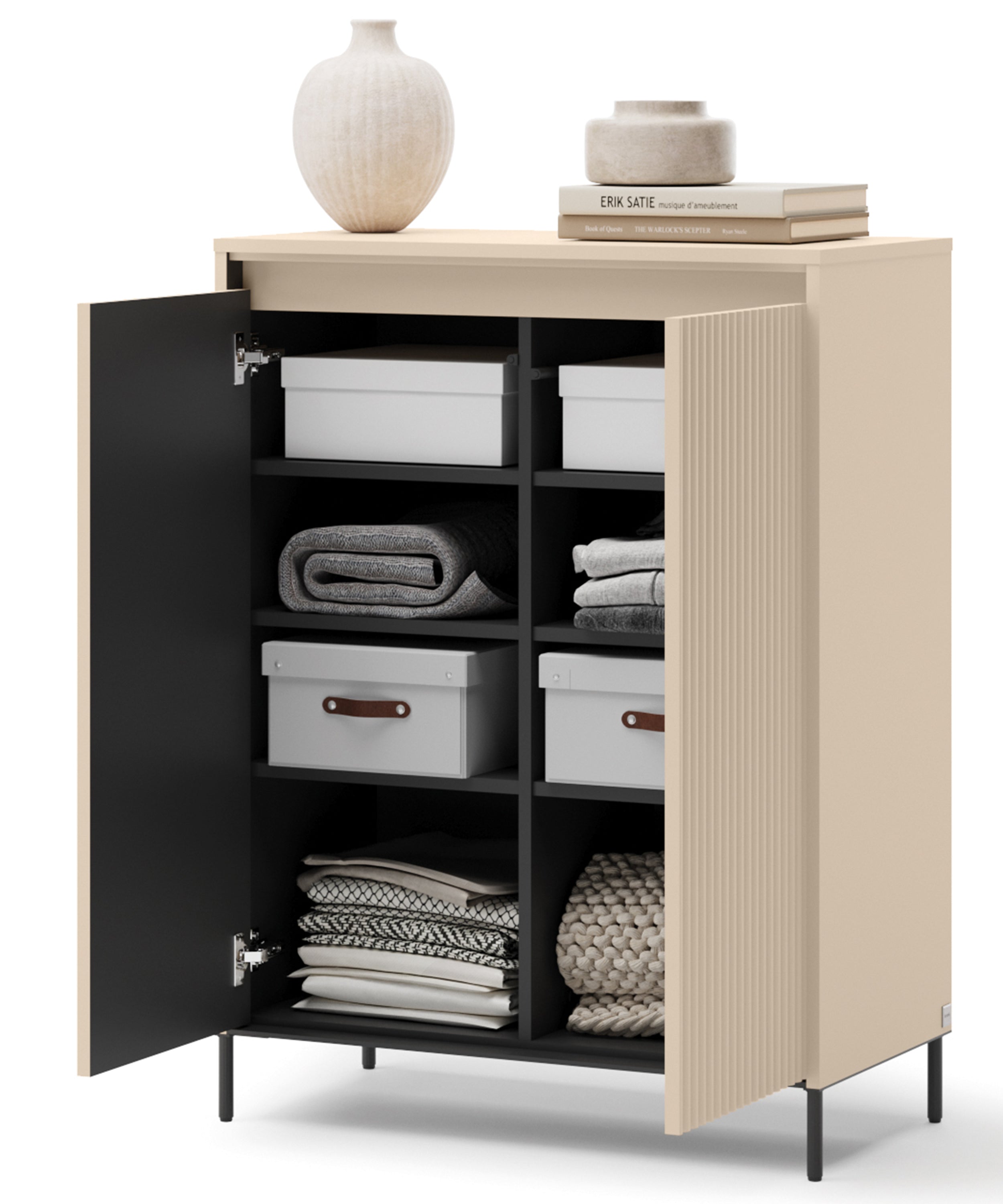 selsey-trend-hohe-kommode-78-cm-sandbeige-schwarz-mit-beleuchtung-2-t-ren-geriff image 4