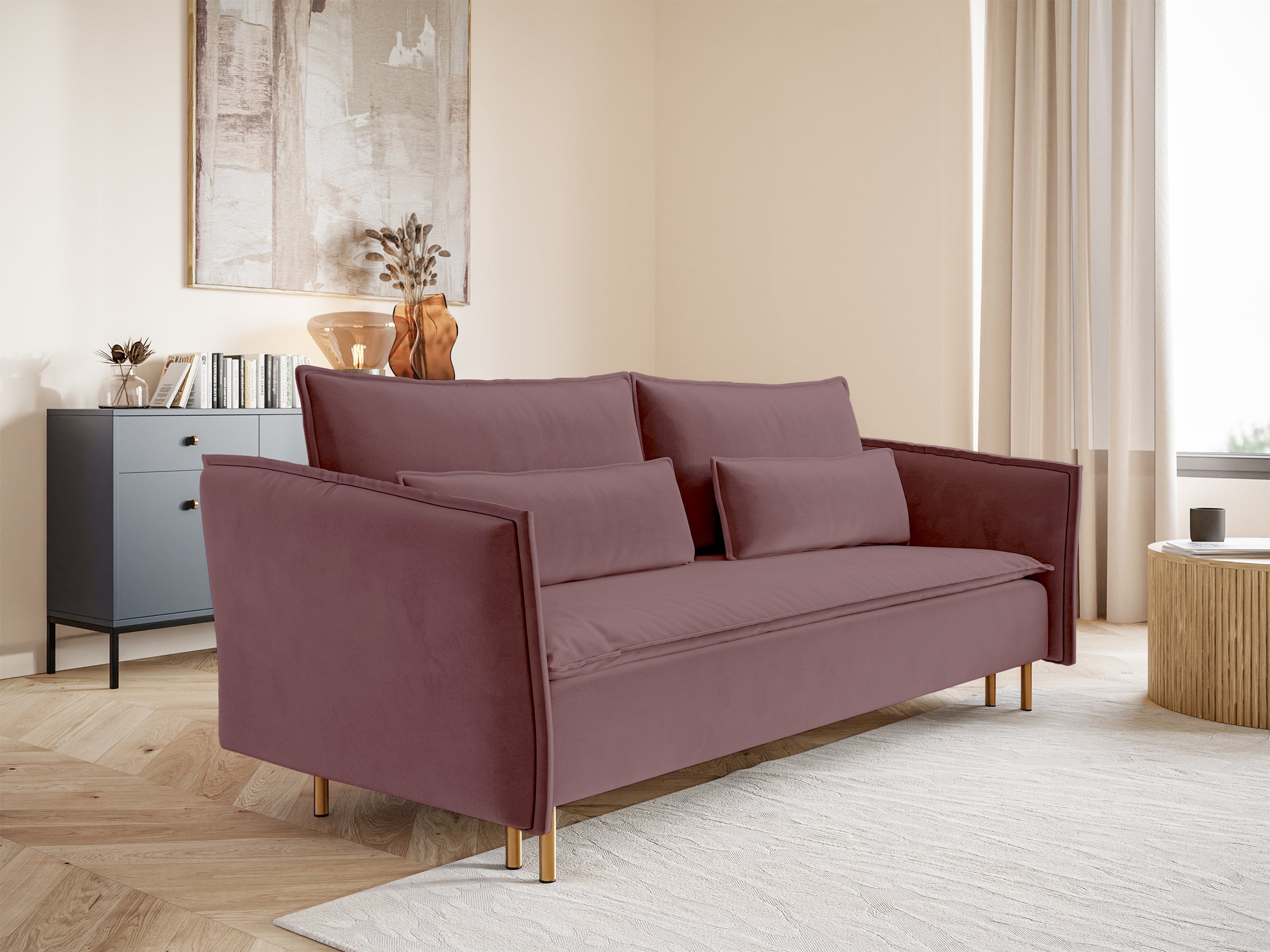 selsey-ummo-dreisitziges-schlafsofa-mit-stauraum-rosa-velours-goldbeine image 4