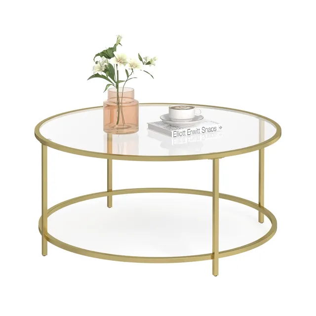 vasagle-runder-couchtisch-mit-glasoberfl-che-und-goldenem-rahmen-wohnzimmertisch image 1