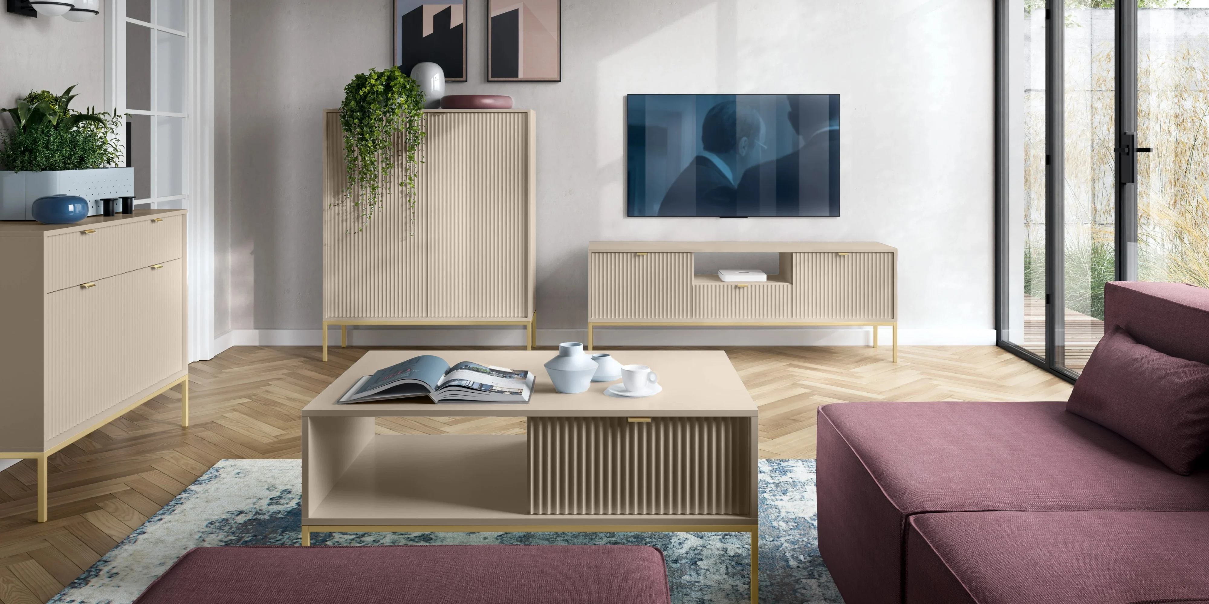 selsey-hohe-kommode-vellore-beige-mit-rillenfronten-und-goldenem-gestell image 3