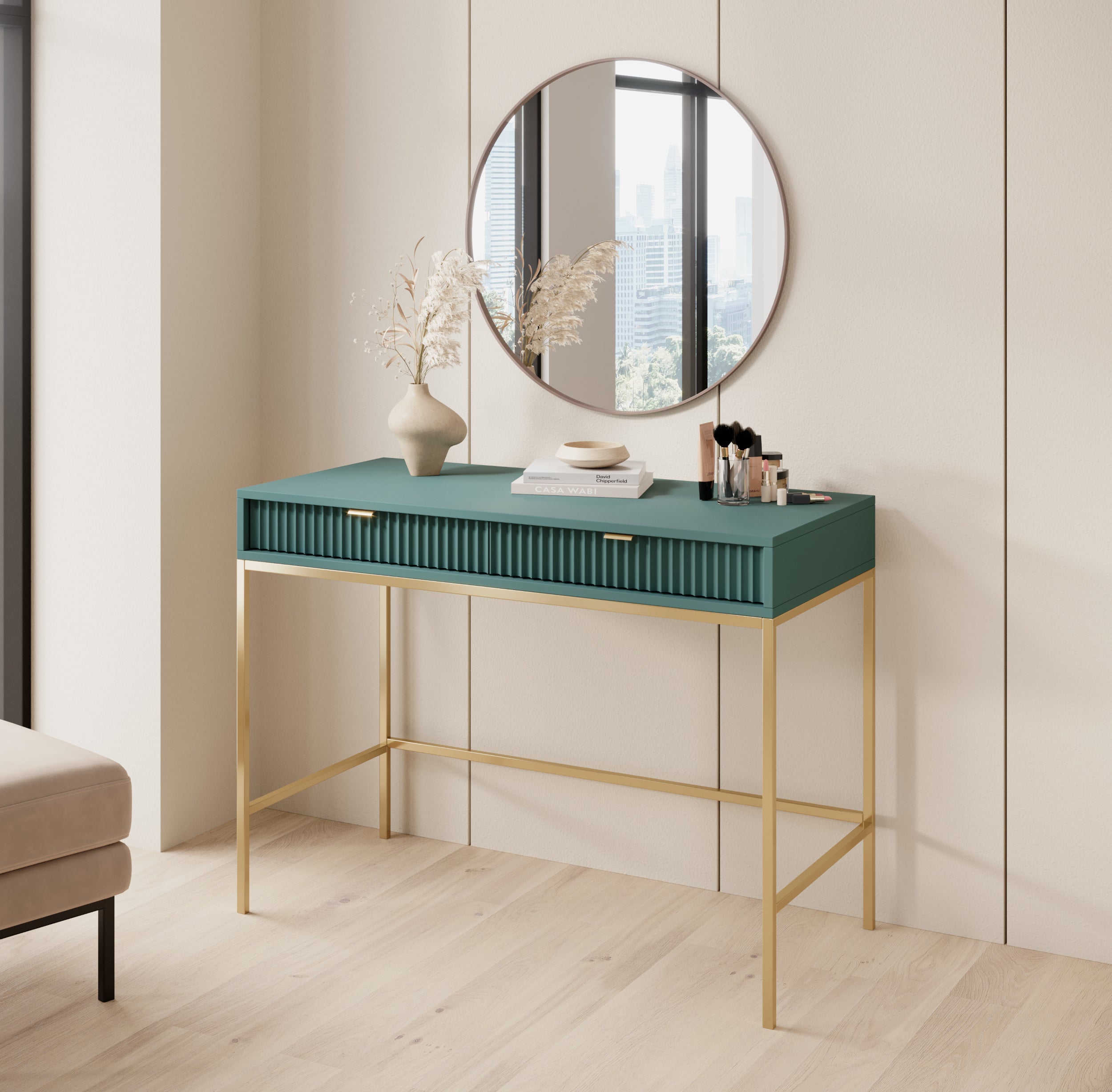 selsey-vellore-schminktisch-104-cm-gr-n-geriffelte-fronten-goldene-griffe image 2