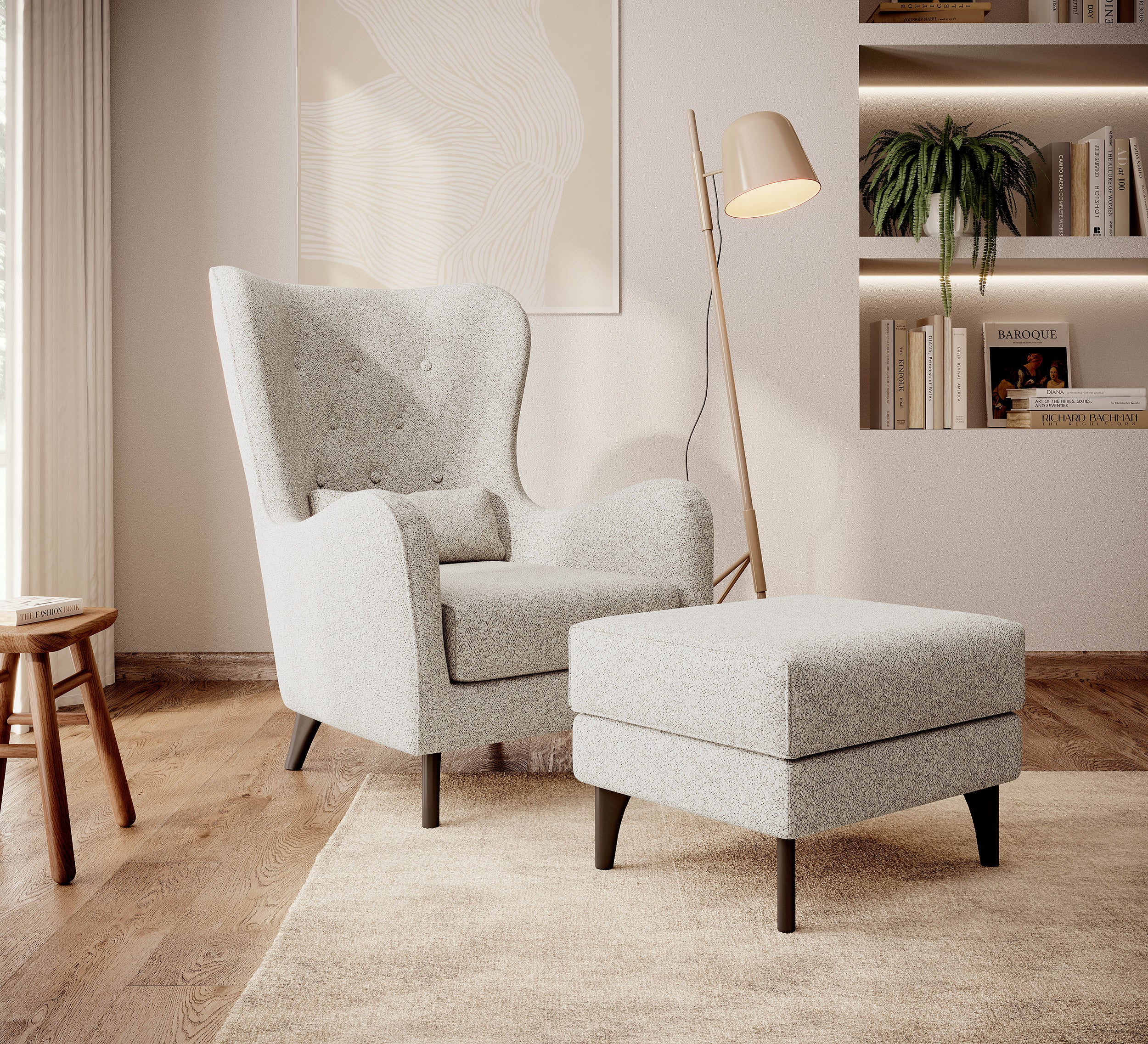 selsey-calmino-hocker-mit-ohren-cremefarbenes-boucl-wenge-beine image 2