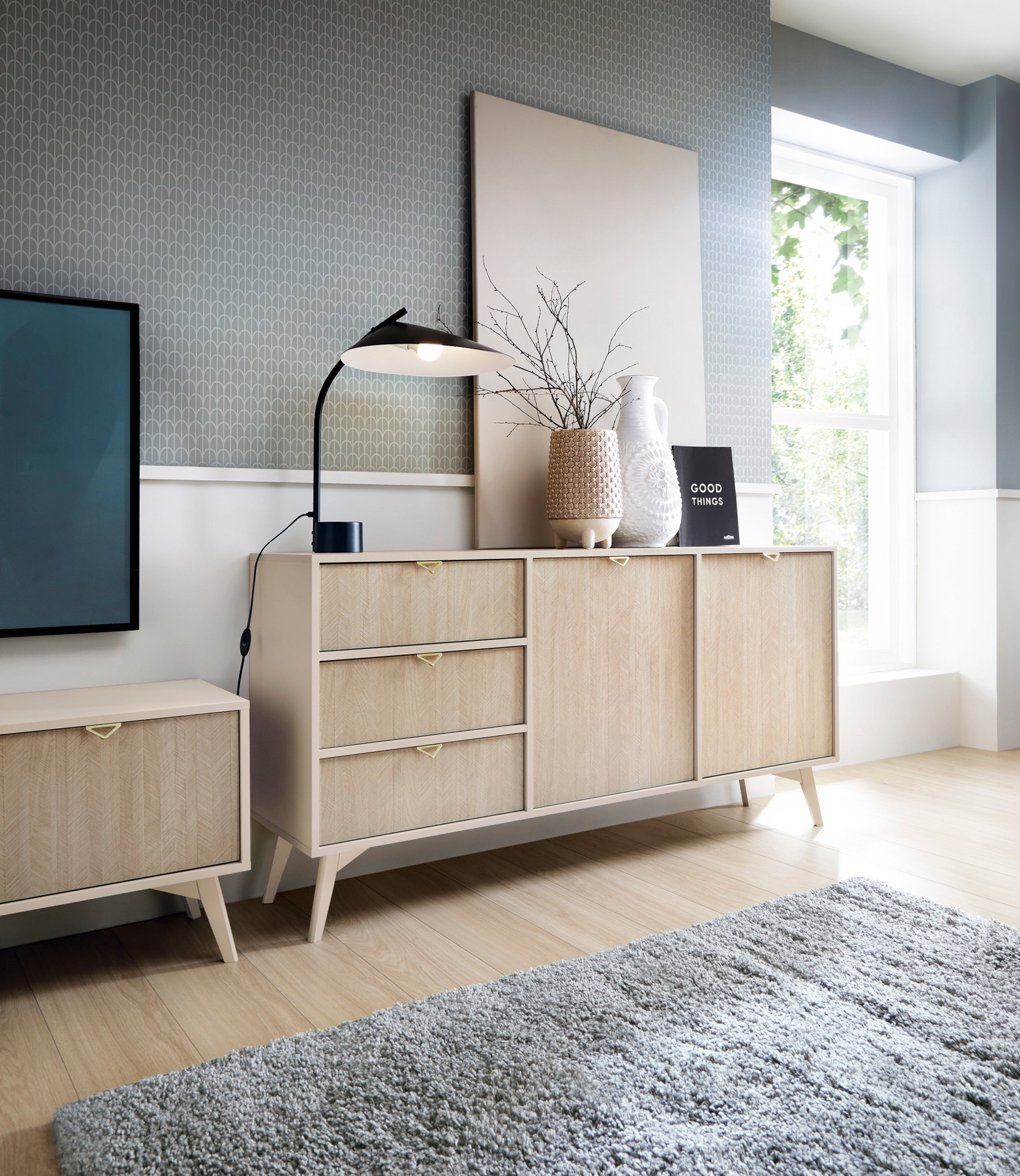 selsey-favoria-kommode-158-cm-2-t-rig-mit-schubladen-beige-fischgr-tmuster-golde image 2