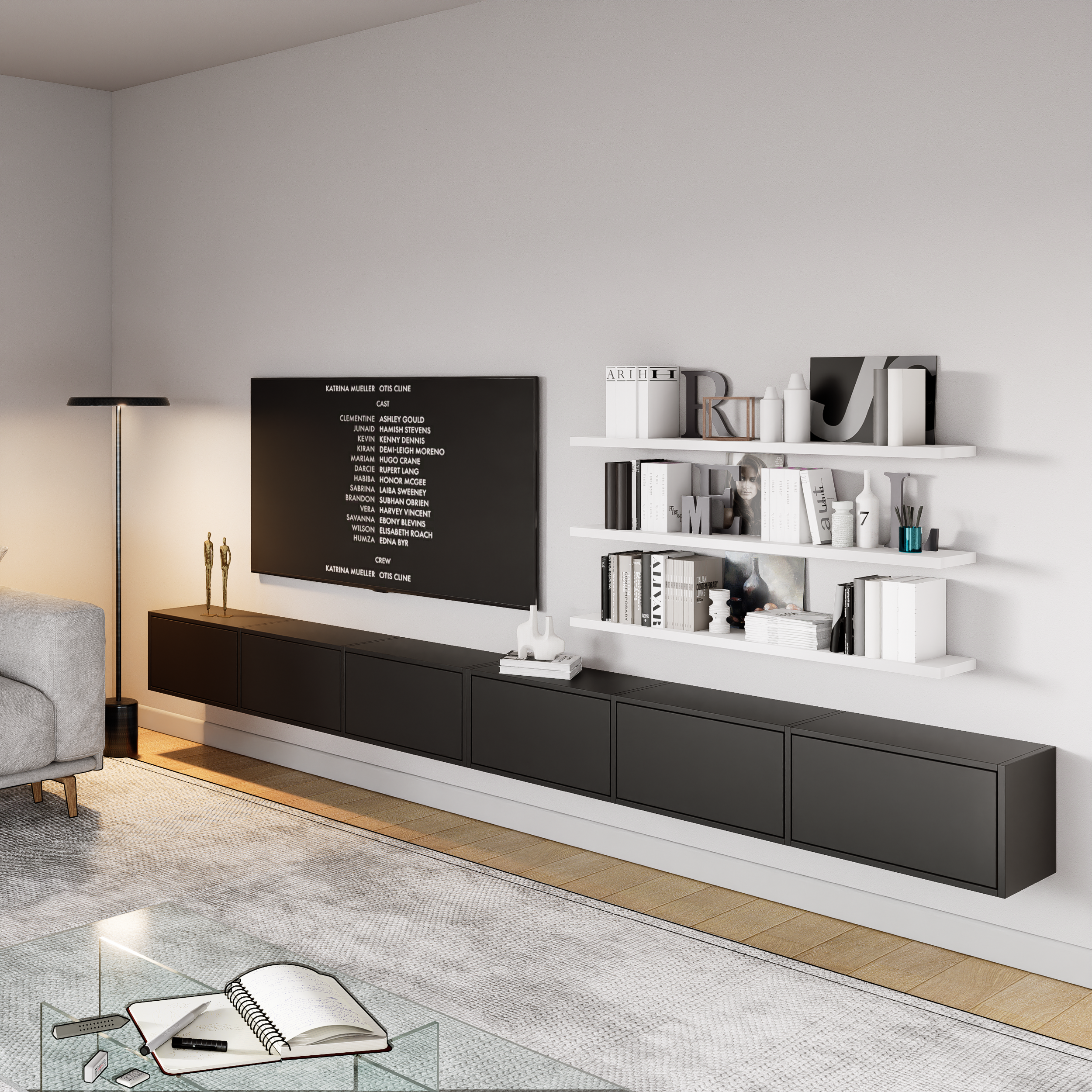selsey-framme-h-ngender-tv-schrank-300-cm-mit-6-klappen-schwarz image 2