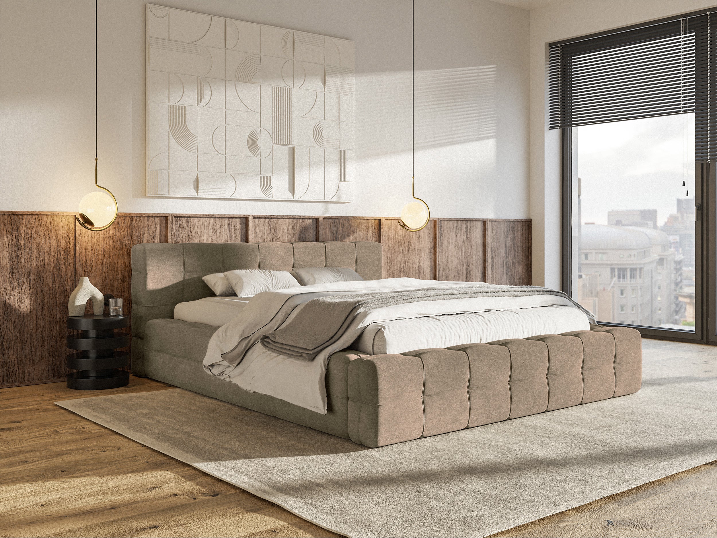 selsey-puffly-gepolstertes-bett-160x200-cm-mit-stauraum-dunkelbeiger-samt-metall image 2