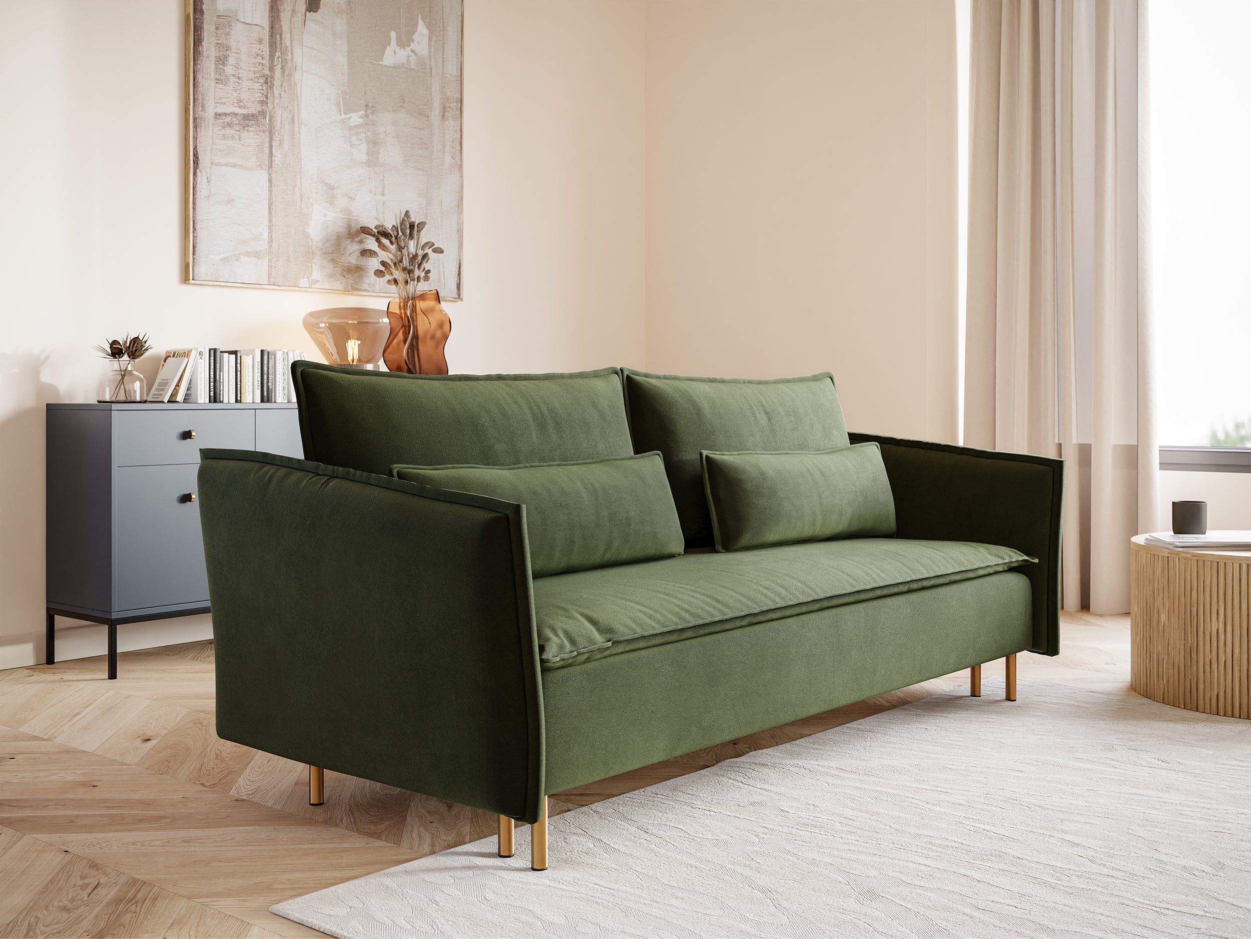 selsey-ummo-3-sitzer-sofa-ausklappbar-olivgr-n-hydrophober-samt-mit-stauraum-gol image 3