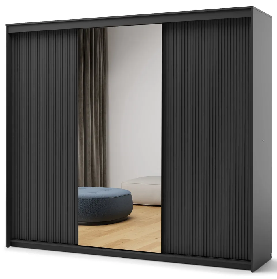 selsey-trend-dreht-renschrank-250-cm-schwarz-geriffelte-fronten-mit-spiegel-und- image 1