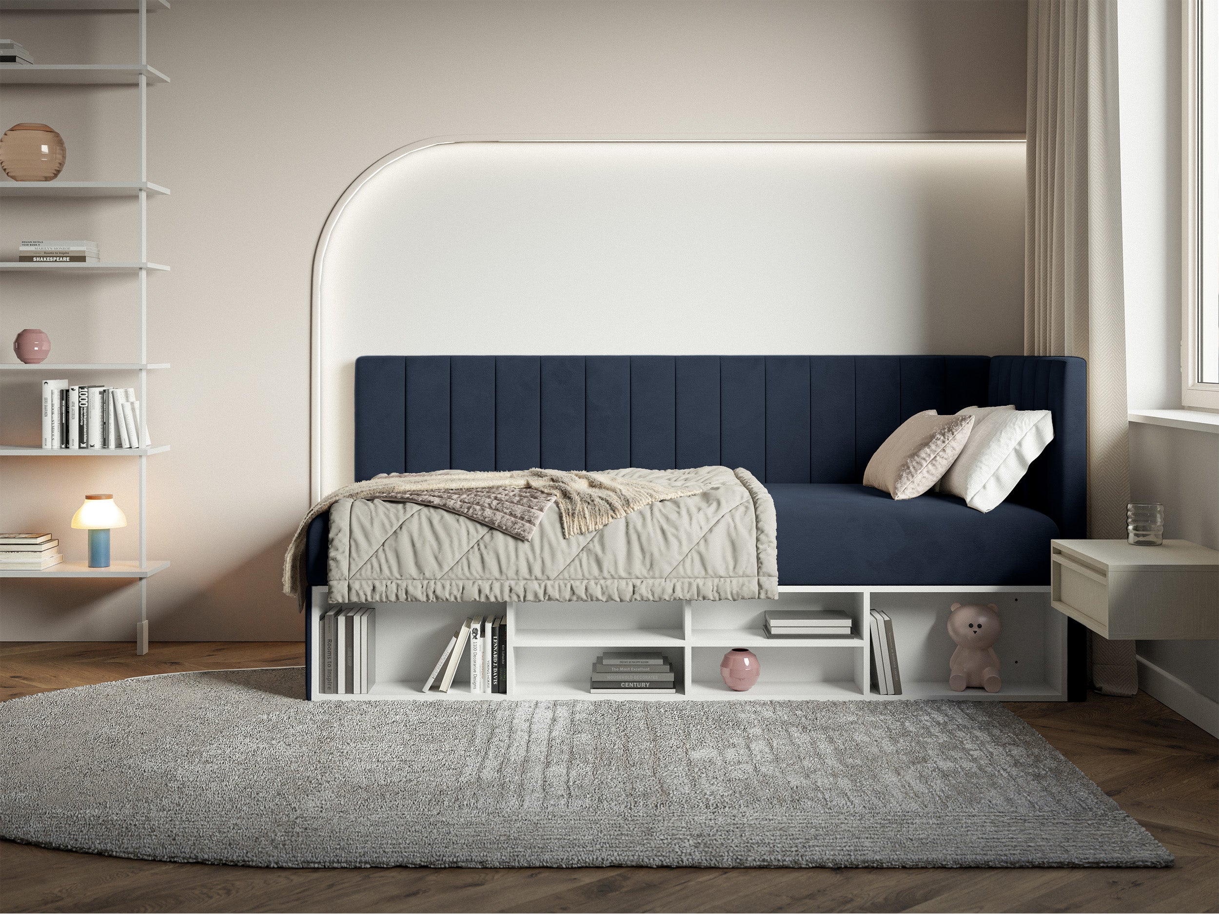 selsey-ventrio-jugendbett-90x200-cm-rechtsseitig-mit-stauraum-marineblauer-velou image 2