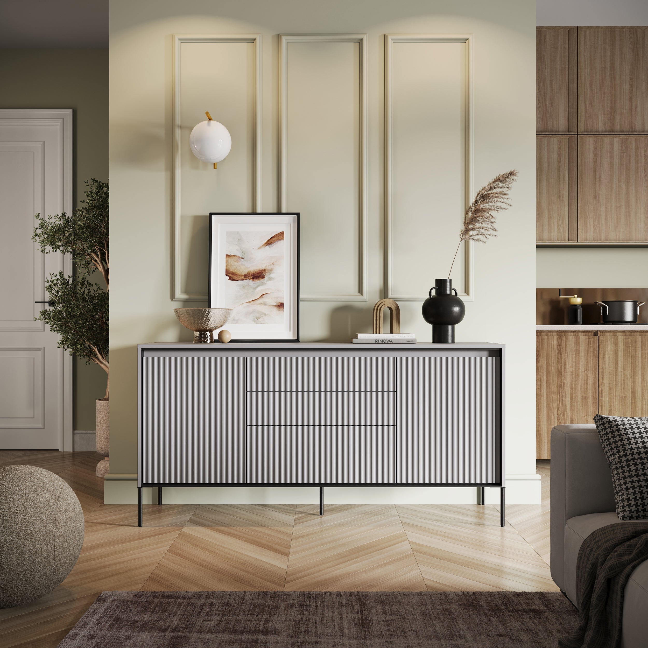 selsey-trend-kommode-166-cm-mit-zwei-t-ren-drei-schubladen-led-grau image 2