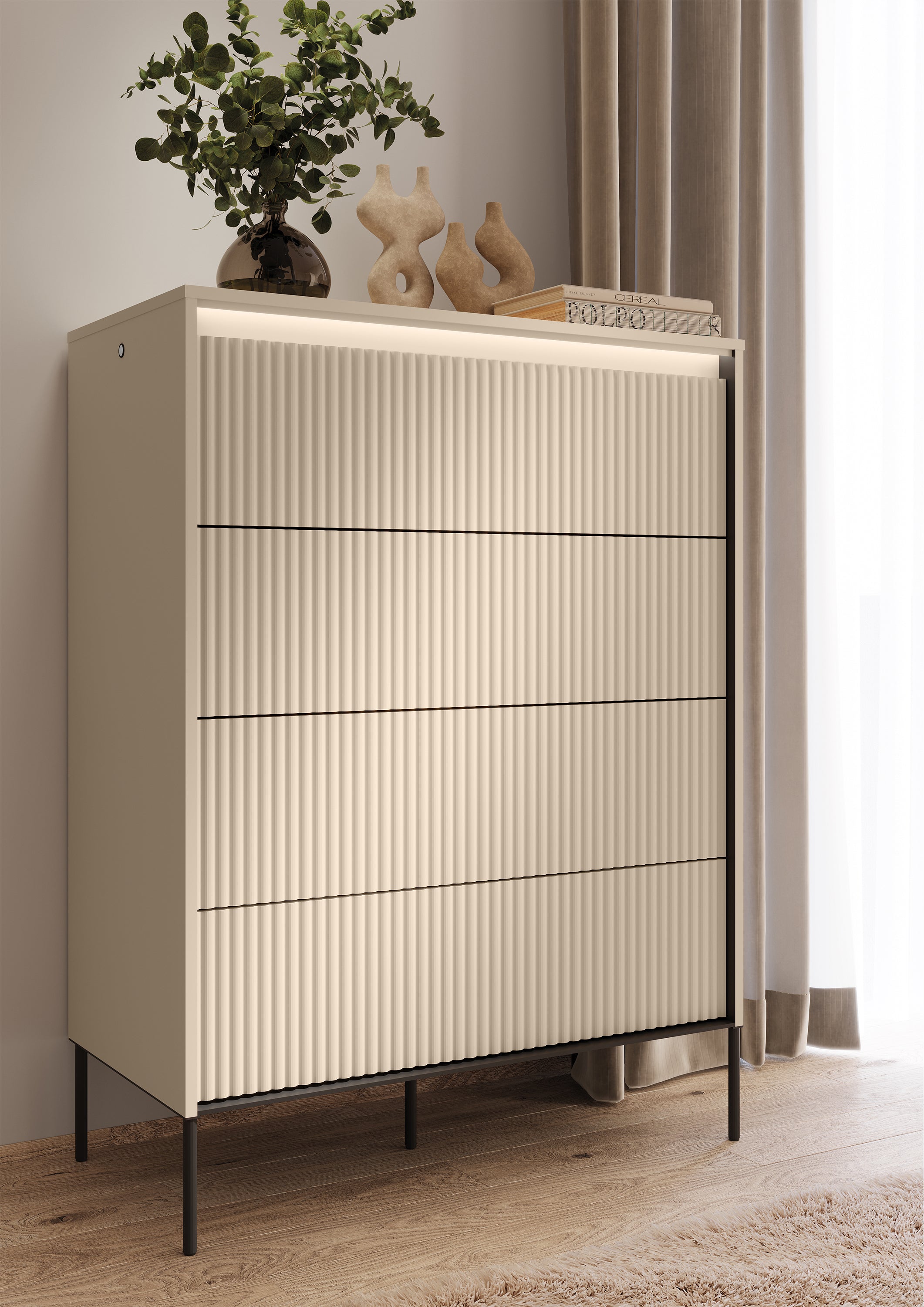 selsey-trend-hohe-kommode-93-cm-mit-4-schubladen-und-beleuchtung-sandbeige-schwa image 2