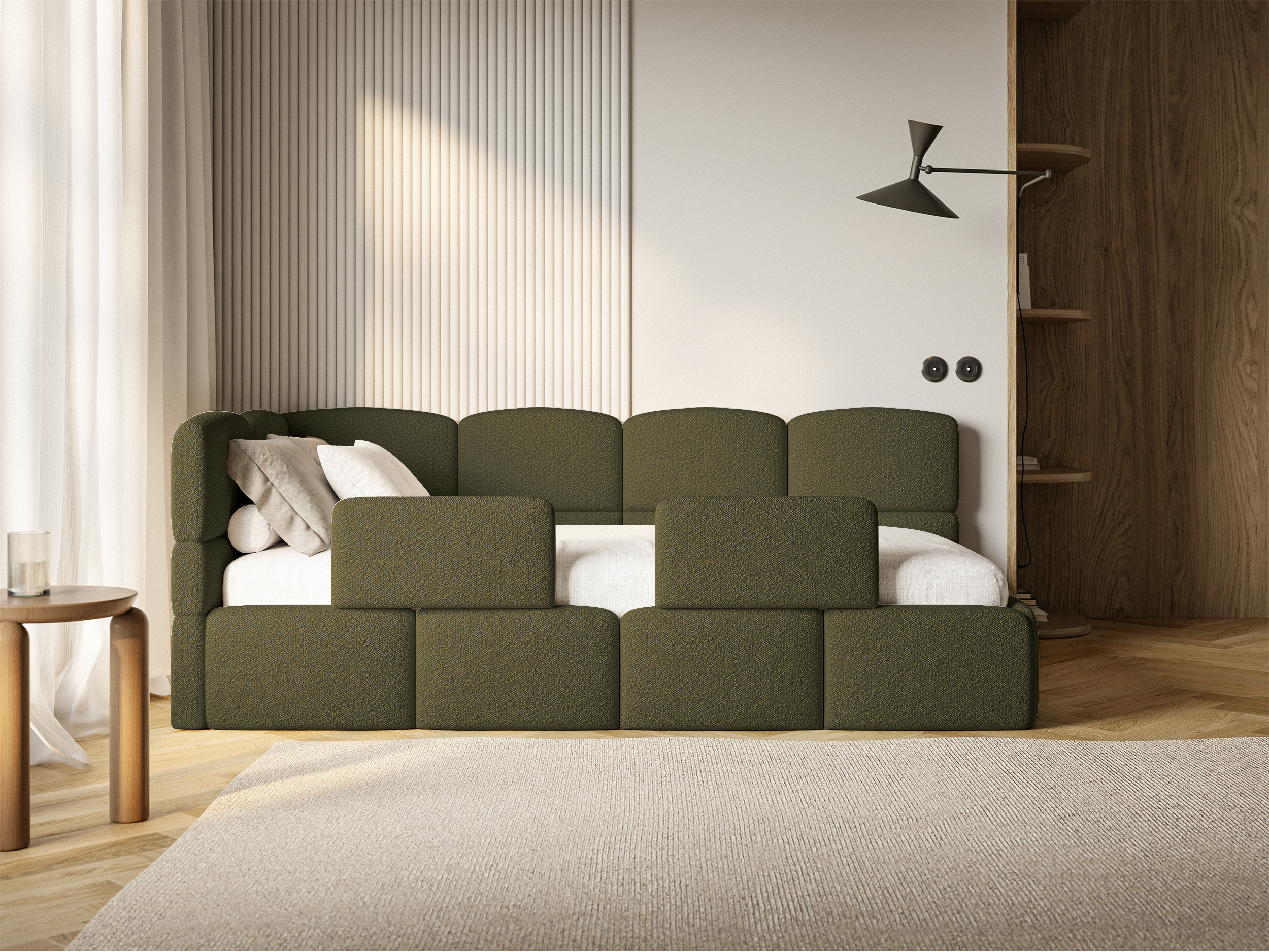 selsey-cloudy-jugendbett-90x200-cm-links-mit-stauraum-olivgr-ner-boucl-bezug image 2
