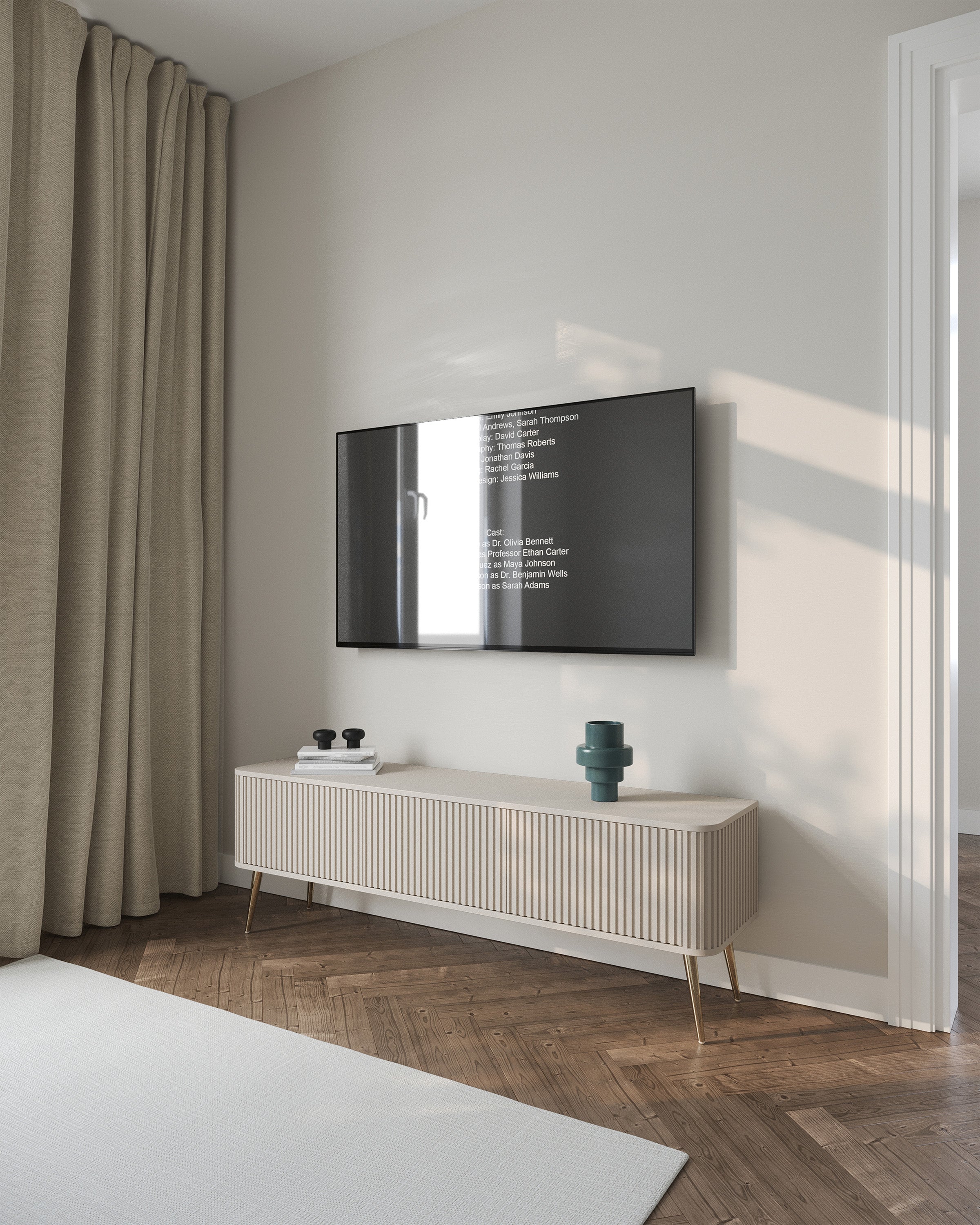 selsey-ovarlo-tv-schrank-dreit-rig-163-cm-sandbeige-mit-goldenen-beinen-rillen image 3