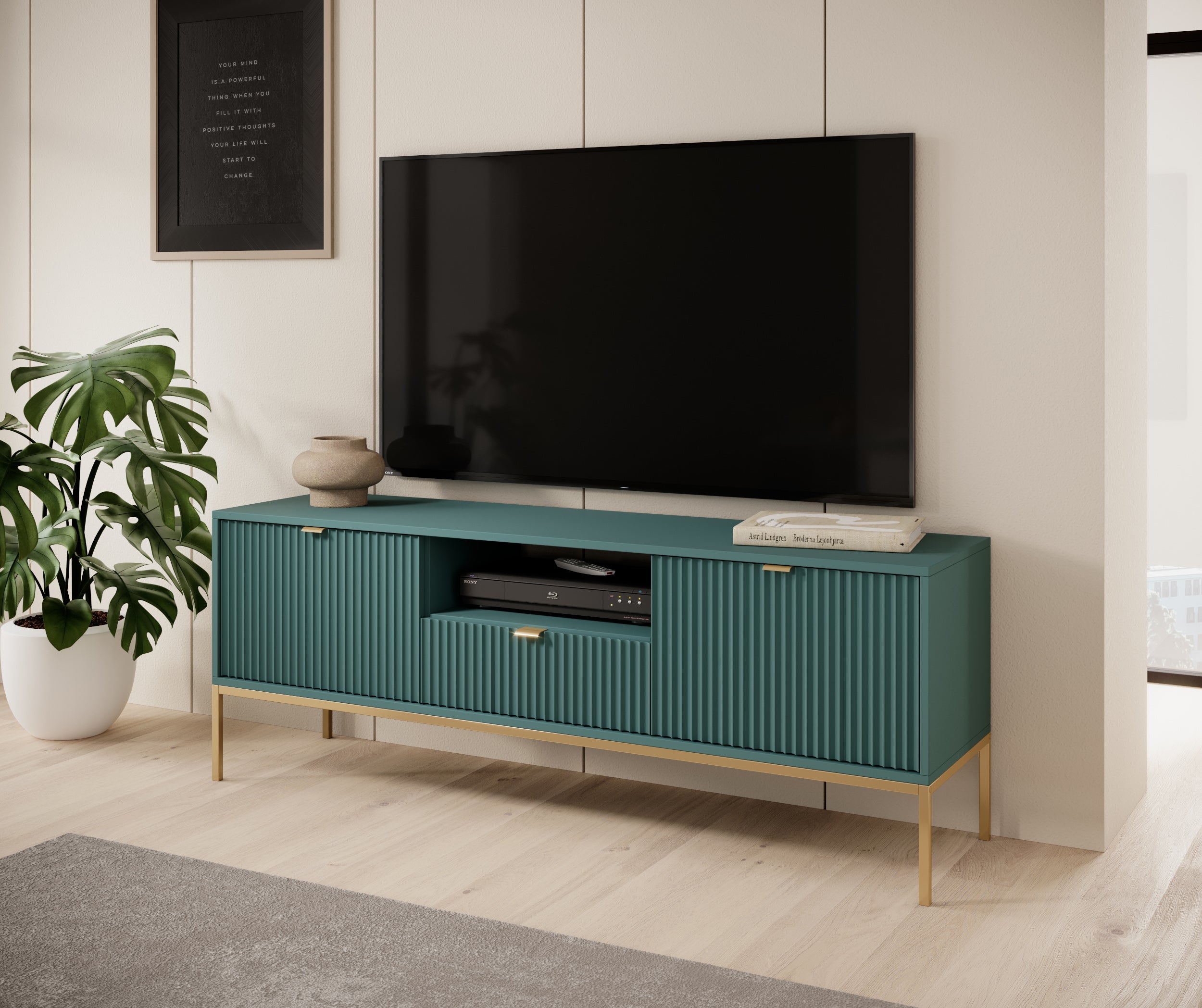 selsey-vellore-tv-schrank-154-cm-gr-n-mit-rillenfronten-und-gold image 2