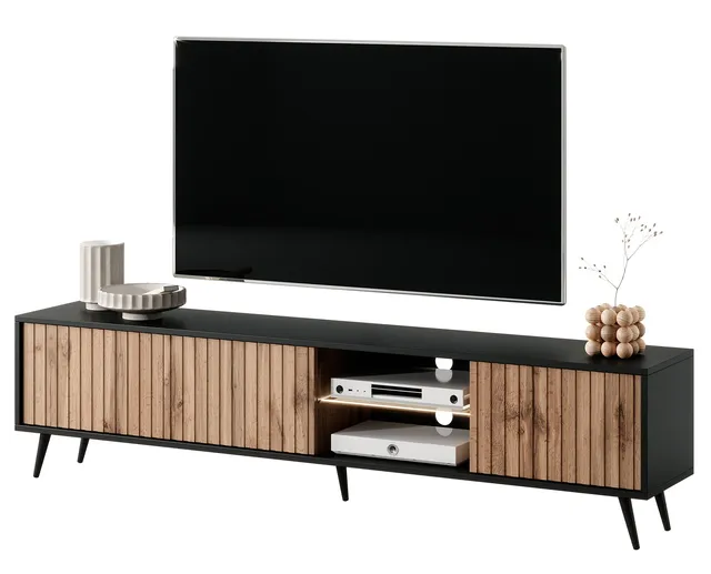 selsey-bello-tv-schrank-175-cm-schwarz-wotan-eiche-mit-lamellenfront-und-led image 1