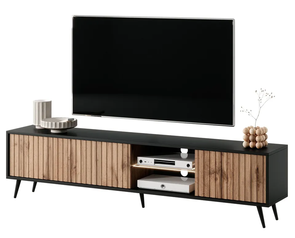 selsey-bello-tv-schrank-175-cm-schwarz-wotan-eiche-mit-lamellenfront-und-led image 1