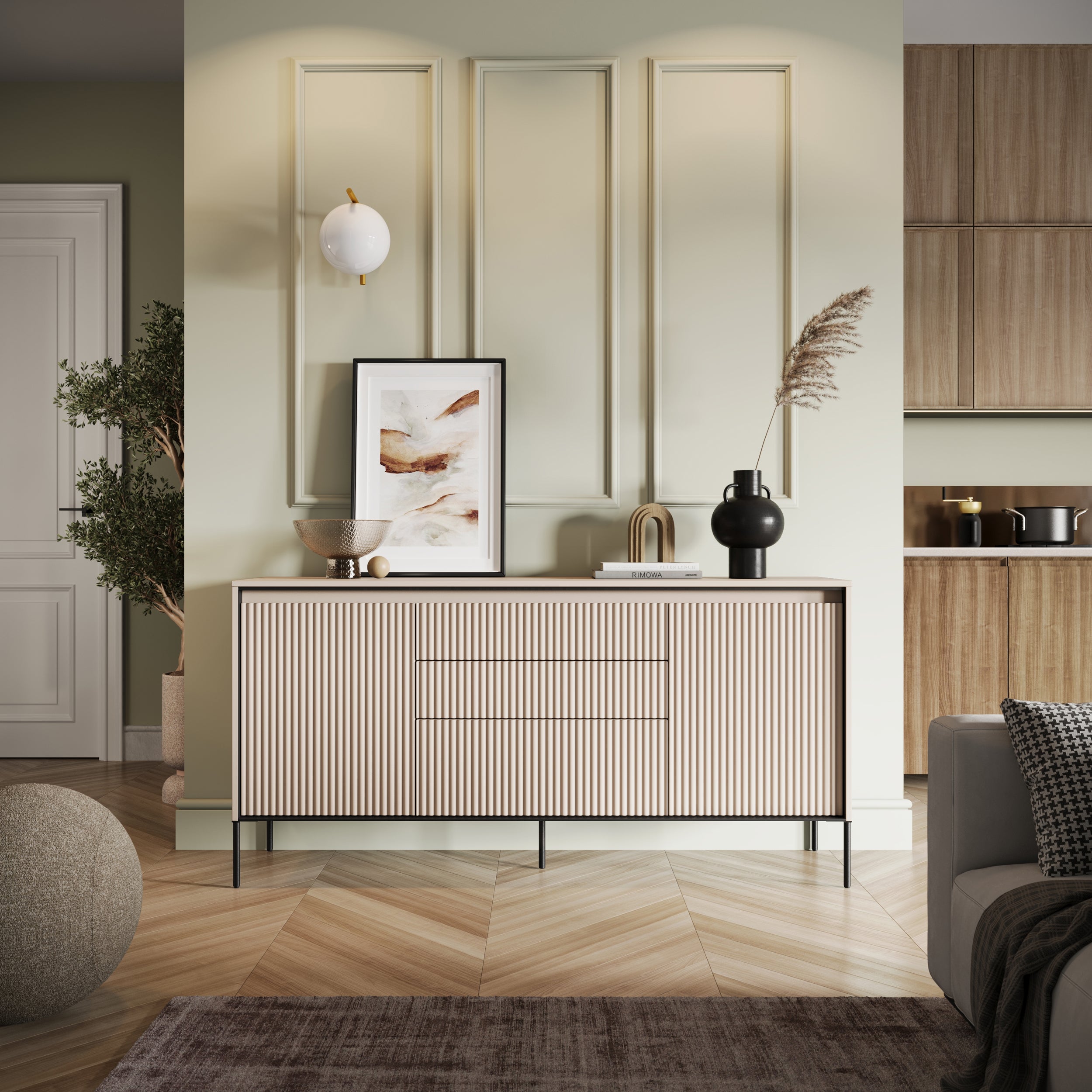 selsey-trend-166-cm-kommode-zweiteilig-mit-3-schubladen-und-led-beige image 2