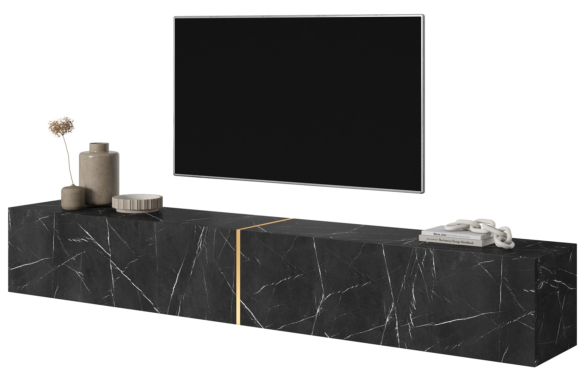 selsey-bisira-tv-schrank-200-cm-lowboard-schwarzer-marmor-mit-goldenem-einsatz image 1