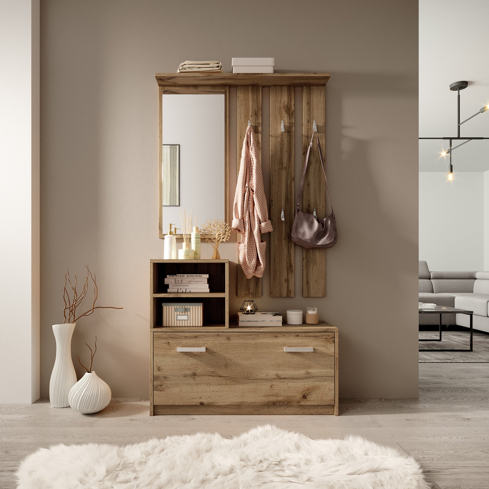 selsey-yesfir-flur-set-mit-spiegel-haken-und-schuhschrank-wotan-eiche image 2