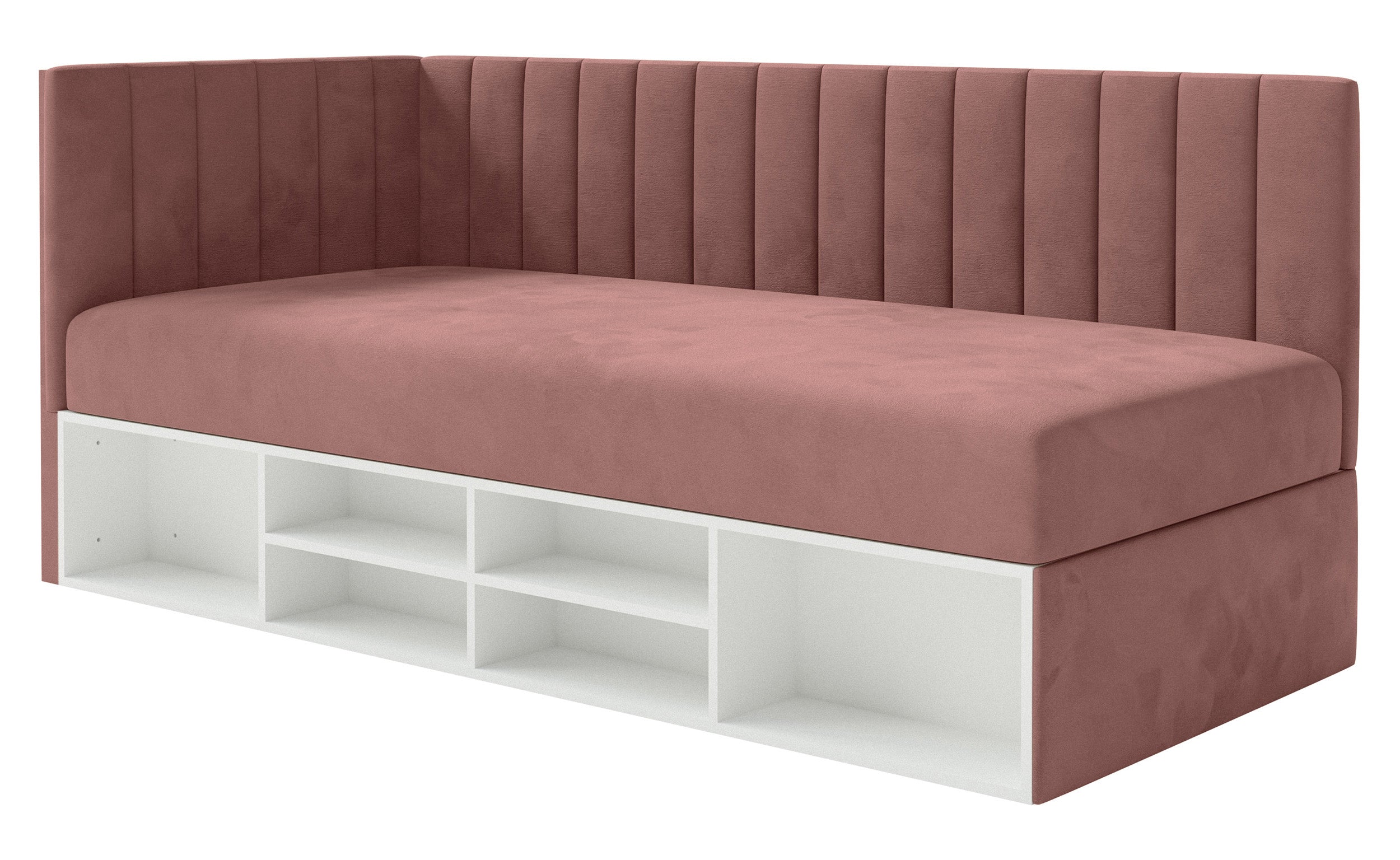 selsey-ventrio-jugendbett-90x200-cm-links-mit-stauraum-und-regalen-rosa-velours- image 1
