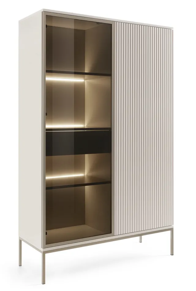 selsey-tosena-hohe-vitrine-104-cm-mit-zwei-t-ren-schublade-und-led-kaschmir image 1