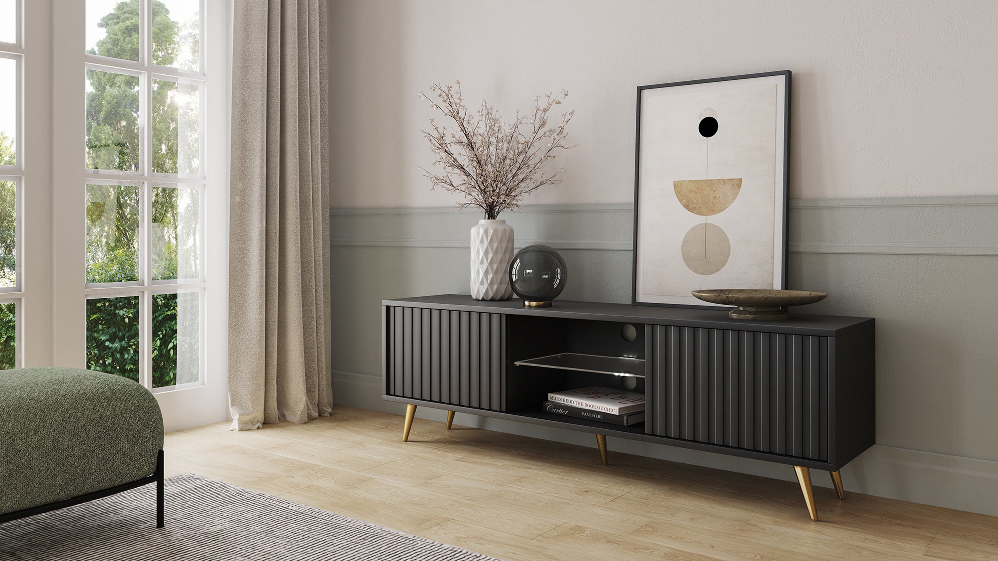 selsey-bello-tv-schrank-135-cm-schwarz-mit-lamellenfronten-und-goldenen-beinen image 7